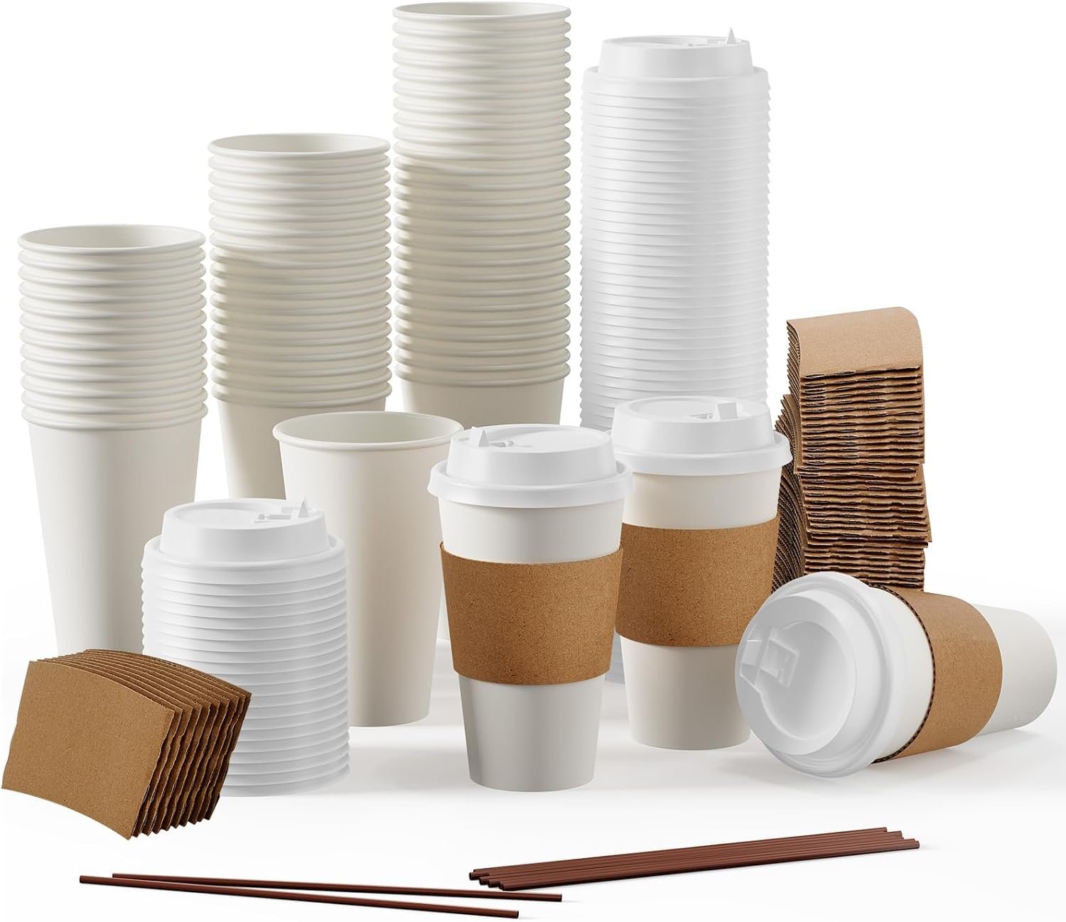 Taza de papel desechable de 16 oz [100 unidades] con tapa, manga y mezcladores, ideal para bebidas calientes o frías como agua, jugo o té, con Logo Personalizado. Apta para hogar, tiendas y cafés, fabricada por nuestro Proveedor. Marca Blanca disponible para empresas.