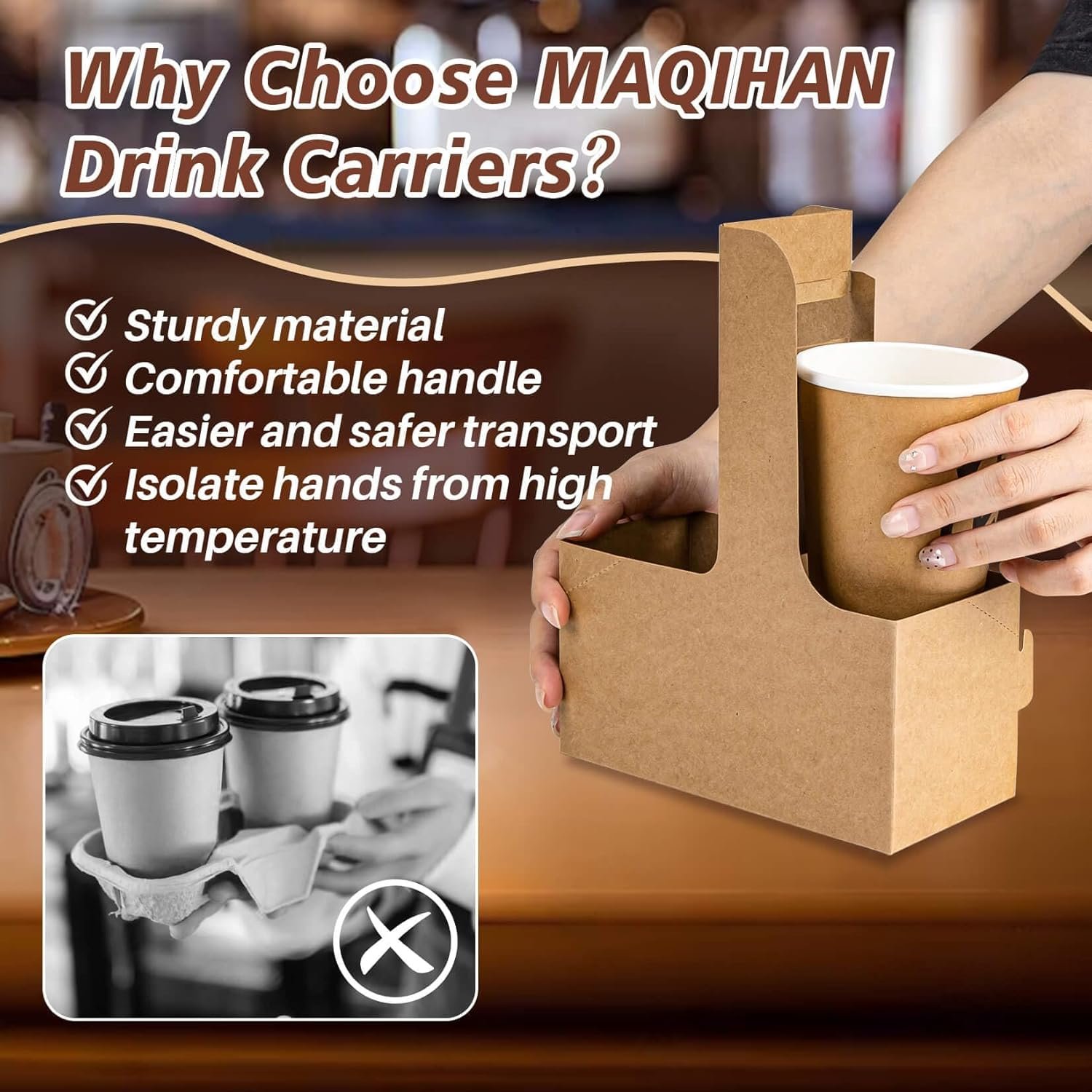 Logo Personalizado Soporte para Bebidas de Doble Taza con Asa - 12 Piezas Portátiles de Cartón Desechable para Café, Porta Bebidas para Entregas de Comida y Bebidas Calientes/Frias - Proveedor