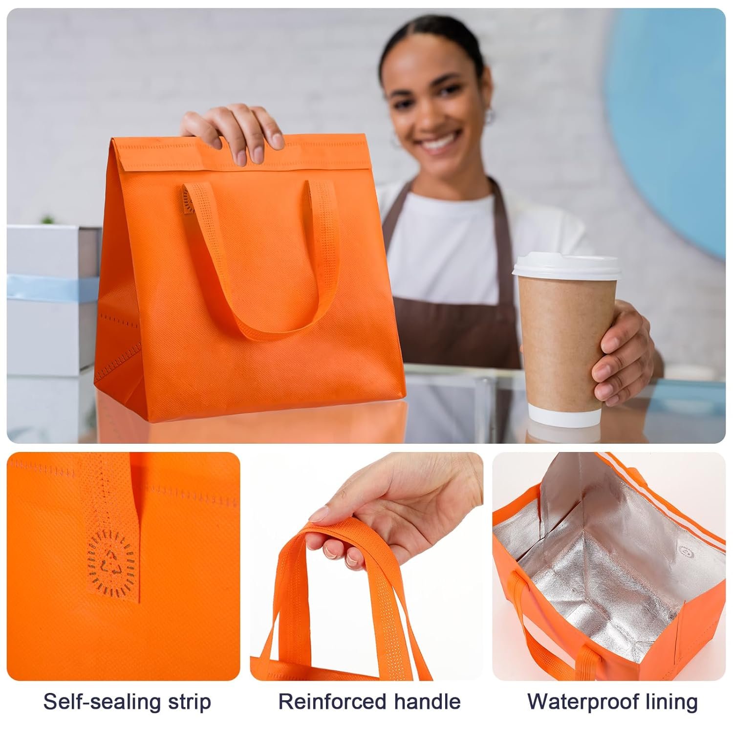 Bolsas Térmicas para Comida con Logo Personalizado, 50 Pcs de Bolsas Aisladas para Llevar, Aislamiento Térmico para Café, Leche, Té, Comida Fresca, Mariscos para Catering, Restaurante, Grocery (9.45x9.45x5.91 pulgadas, Naranja) de Fábrica.