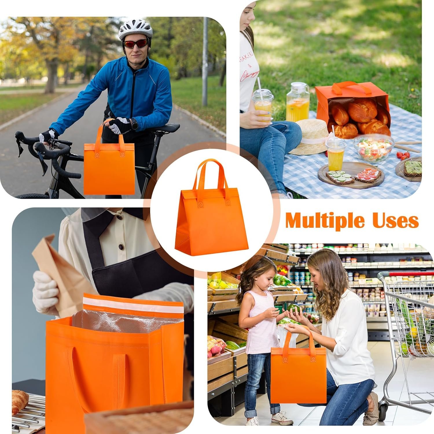 Bolsas Térmicas para Comida con Logo Personalizado, 50 Pcs de Bolsas Aisladas para Llevar, Aislamiento Térmico para Café, Leche, Té, Comida Fresca, Mariscos para Catering, Restaurante, Grocery (9.45x9.45x5.91 pulgadas, Naranja) de Fábrica.
