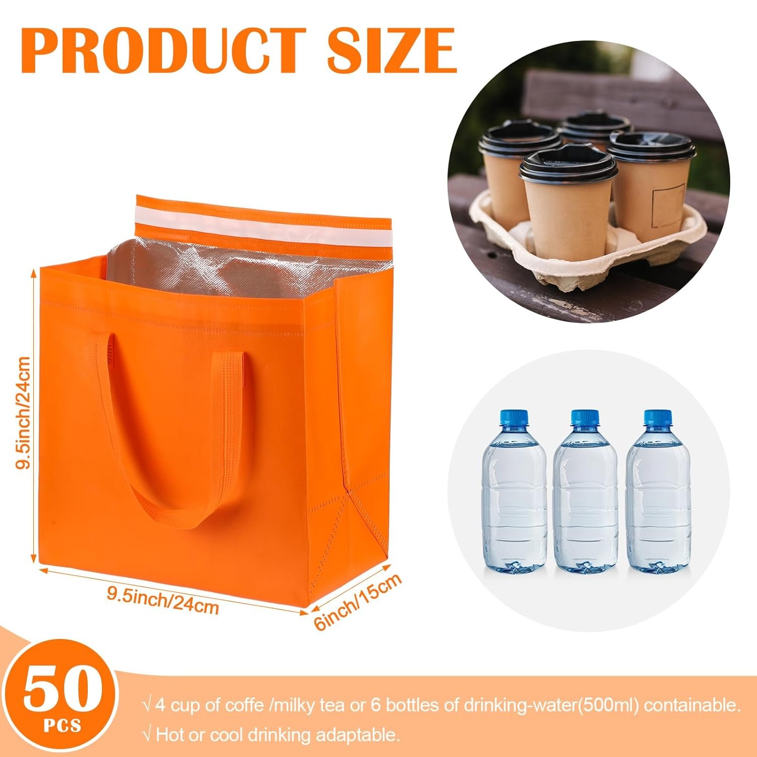 Bolsas Térmicas para Comida con Logo Personalizado, 50 Pcs de Bolsas Aisladas para Llevar, Aislamiento Térmico para Café, Leche, Té, Comida Fresca, Mariscos para Catering, Restaurante, Grocery (9.45x9.45x5.91 pulgadas, Naranja) de Fábrica.