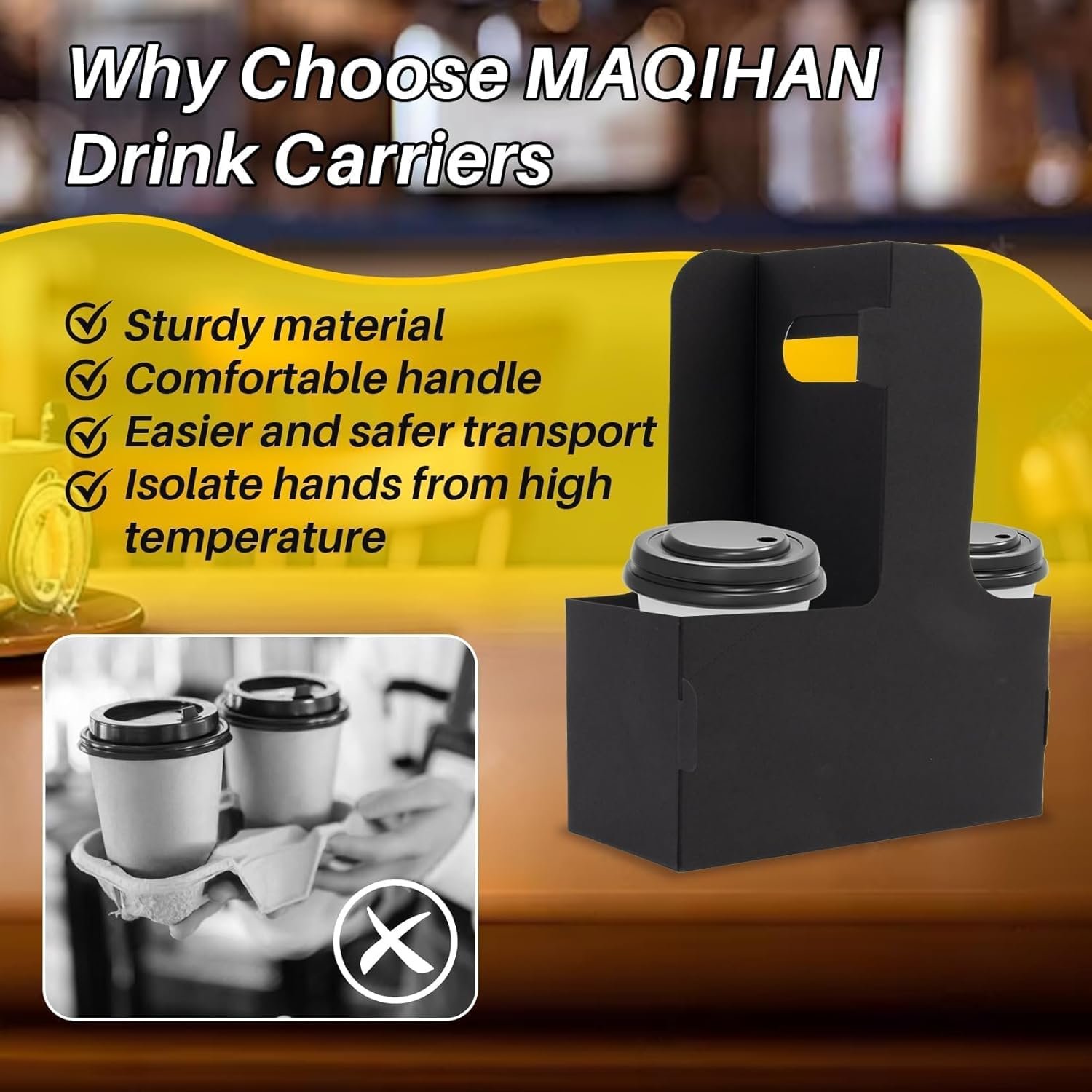 Portador de Bebidas de Papel desechable de 2 tazas con asa - 12 Piezas, Caddy portátil para bebidas, Logo Personalizado, resistente soporte para entregar bebidas calientes o frías, Proveedor.