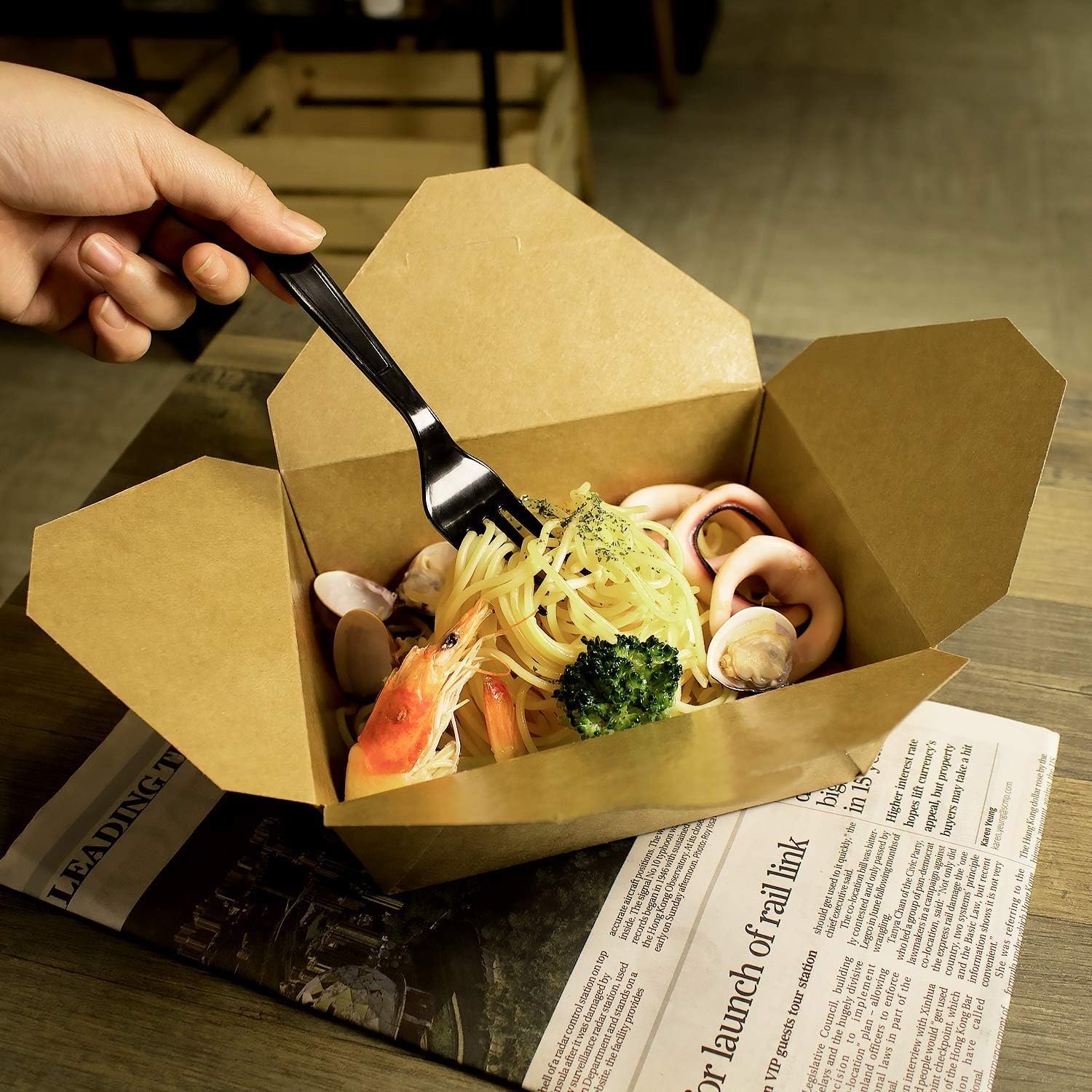 Logo Personalizado Cajas para Llevar de Papel Resistentes a Fugas y Microondas [48 oz - 300 ct] Apilables y Resistentes a la Grasa | Marca Blanca | Proveedor