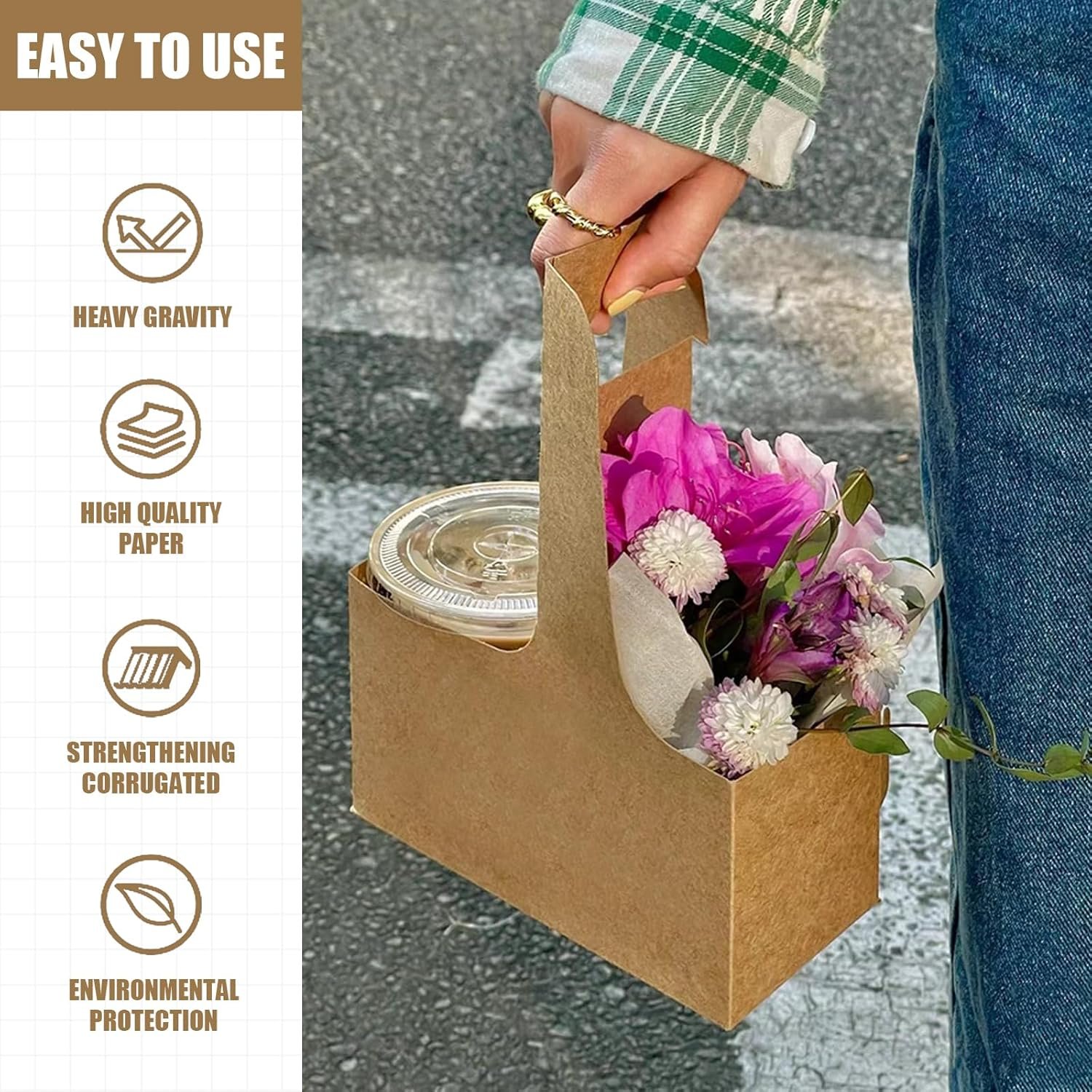 Logo Personalizado para transportes de bebidas, portacopas desechables de 2 tazas con asa, 15 unidades de soporte de papel kraft, portacopas para bebidas calientes o frías, soluciones de entrega de alimentos, Fábrica de portacopas para llevar.