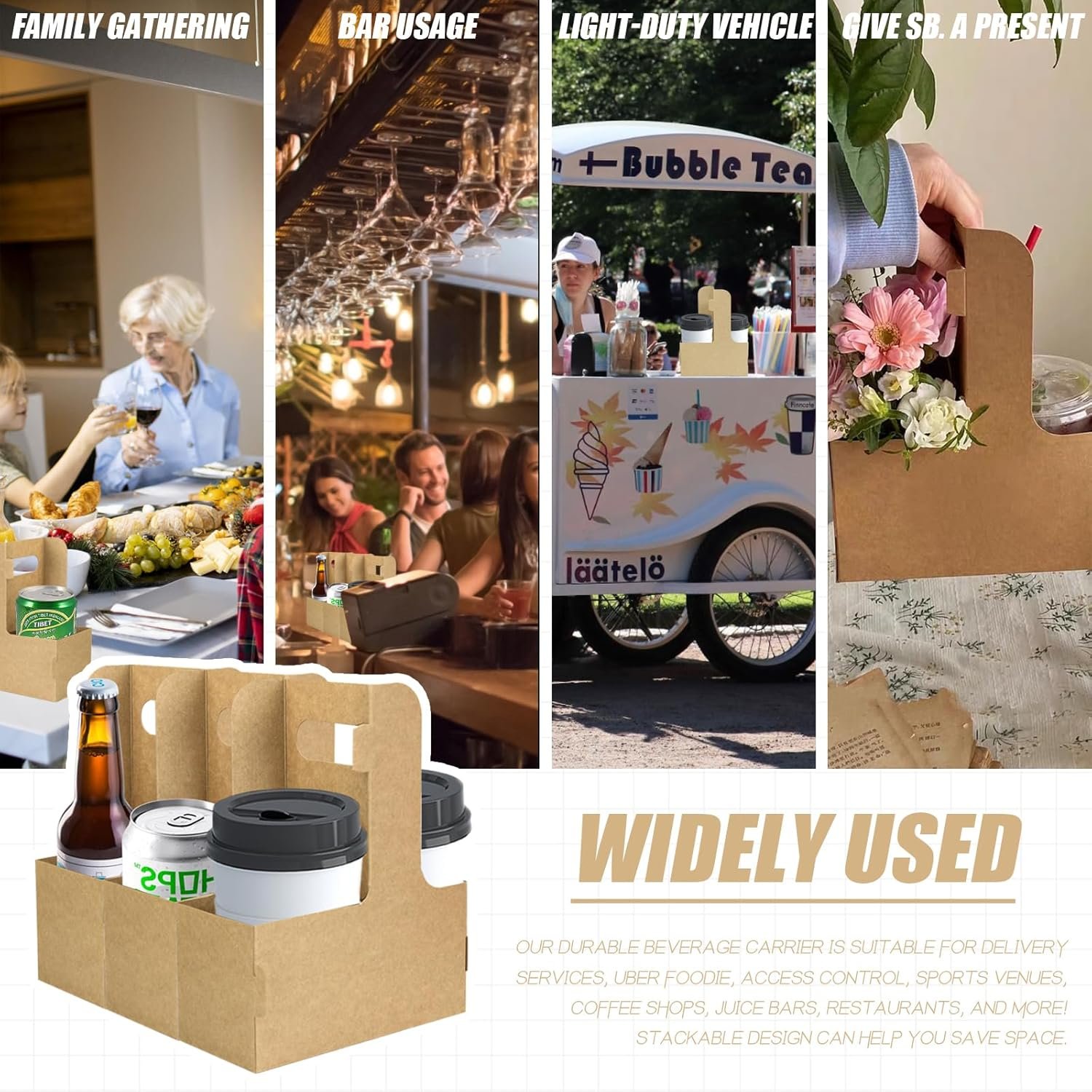 Logo Personalizado para transportes de bebidas, portacopas desechables de 2 tazas con asa, 15 unidades de soporte de papel kraft, portacopas para bebidas calientes o frías, soluciones de entrega de alimentos, Fábrica de portacopas para llevar.