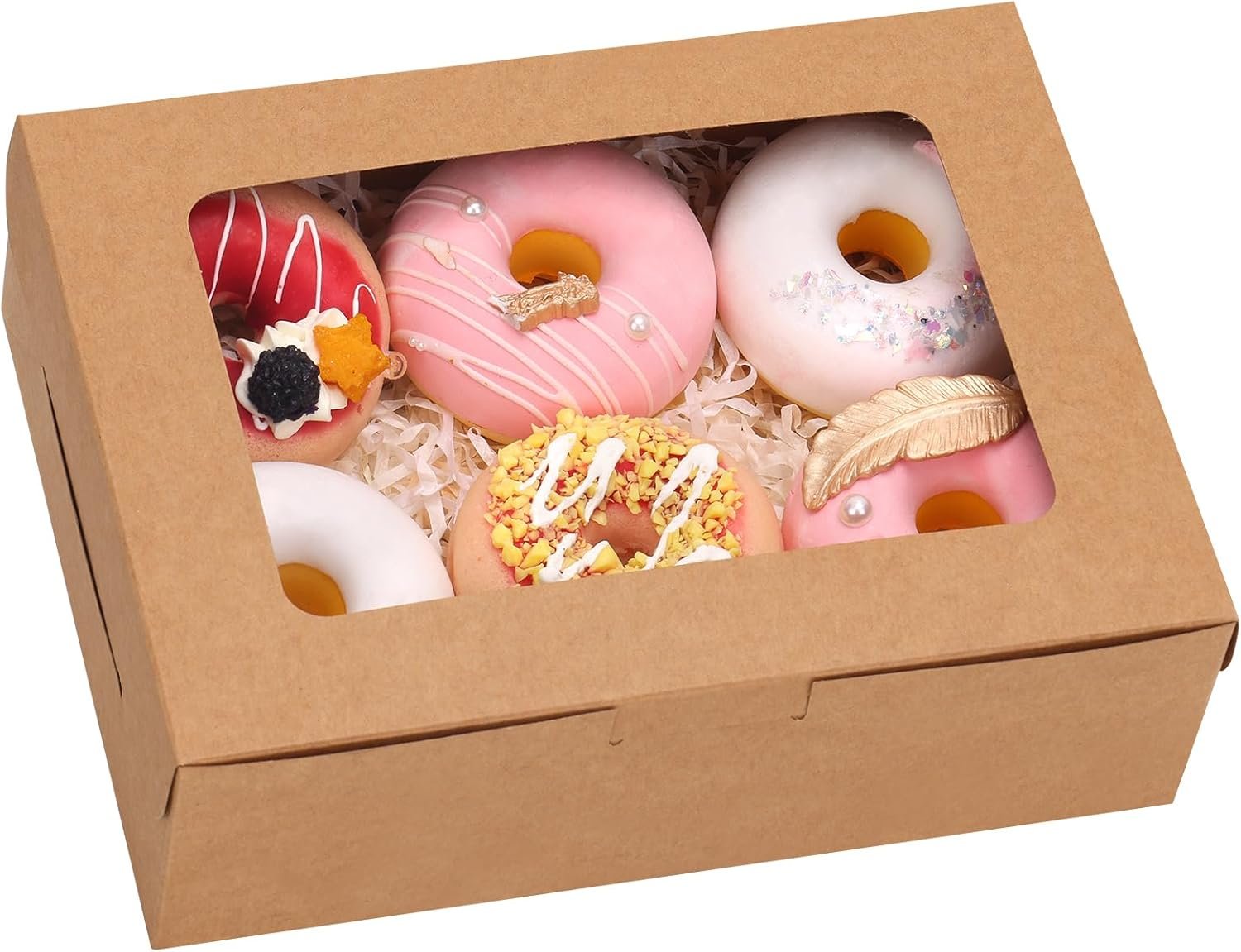 Cajas de pastelería marrones con ventana de 8x6x2.5 pulgadas, ideal para galletas, chocolate, fresas, donuts, cupcakes y muffins, con opción de logo personalizado, marca blanca disponible, fabricadas por un proveedor especializado.