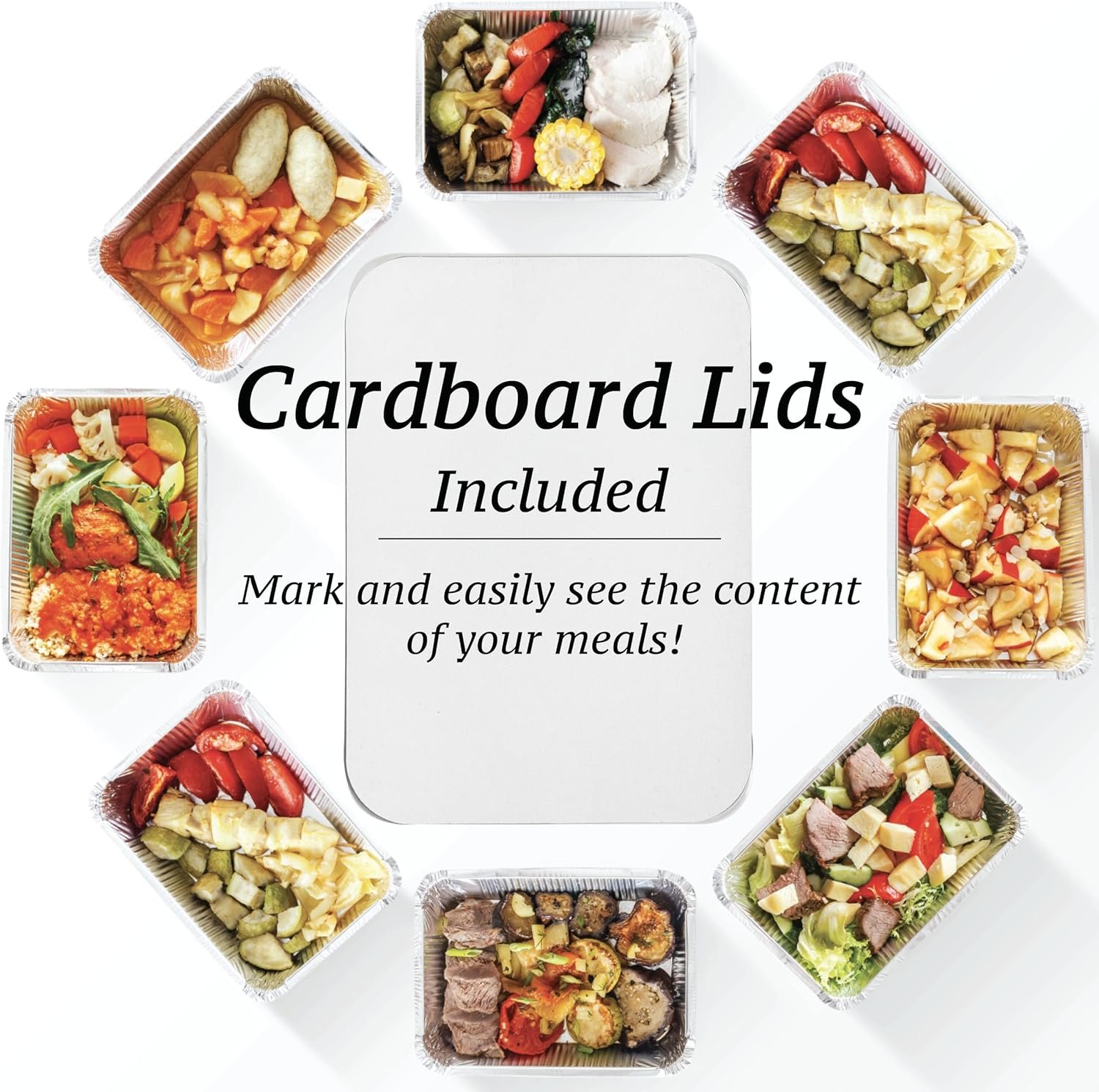 Contenedores de aluminio de 2.25 LB con tapa - 55 paquetes para llevar, a prueba de calor, ideales para la preparación de comidas, comida para llevar y comidas del congelador - Marca blanca del proveedor. Contenedores de aluminio de 2.25 LB con tapa - 55 paquetes para llevar, a prueba de calor, ideales para la preparación de comidas, comida para llevar y comidas del congelador - Marca blanca del proveedor.