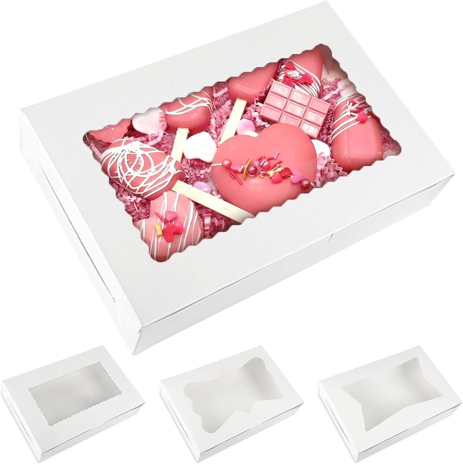Cajas de pastelería de 48 piezas, 12x8x2.5 pulgadas, con tres estilos de ventana para fresas con chocolate, postres y galletas, personalización de logo disponible, ideal para marca blanca, proveedor confiable.