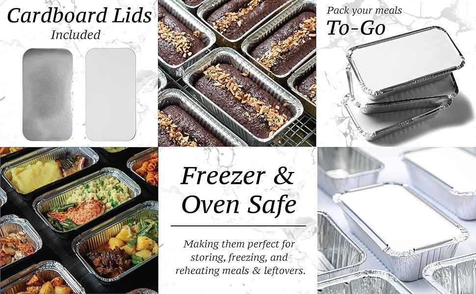 Logo Personalizado para bandejas de pan de aluminio desechables de 1.5 lb con tapa, ideal para pastelería y lunch, empaques de un solo uso, Fábrica de recipientes de aluminio, tamaño 7.8 x 4.3 x 2 pulgadas, Marca Blanca.