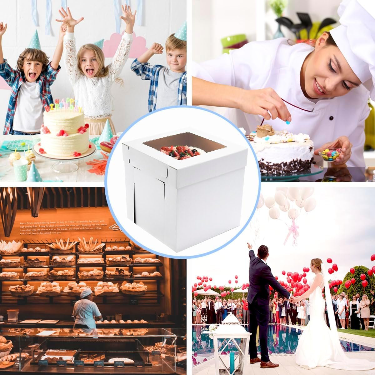 Caja de pastel alta con ventana, 6 paquetes de 12x12x12 pulgadas, ideal para tortas de pisos, con logo personalizado, resistente y desechable, proveedor de envases para pasteles. Caja de pastel alta con ventana, 6 paquetes de 12x12x12 pulgadas, ideal para tortas de pisos, con logo personalizado, resistente y desechable, proveedor de envases para pasteles.