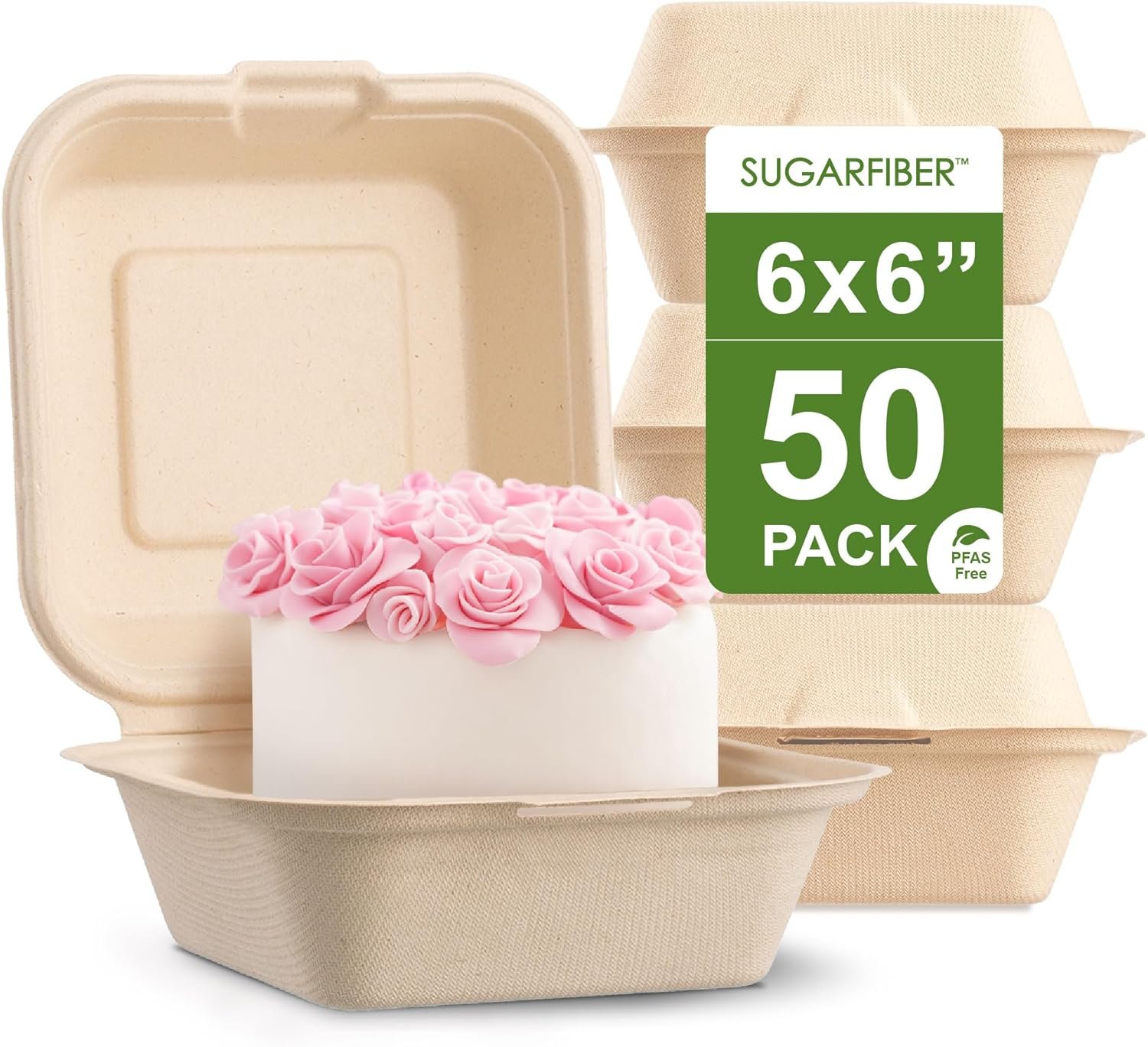 Contenedores de comida compostables [50 UNIDADES] con logo personalizado, 6 x 6" cajas de plástico desechables de bagazo, libres de PFAS, eco-amigables de fibras de caña de azúcar, proveedor de soluciones de embalaje.