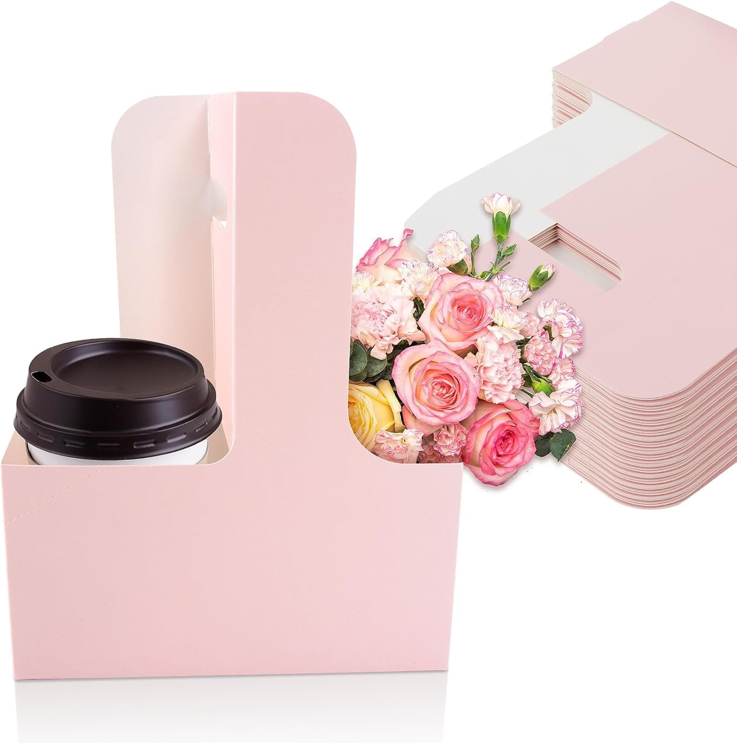 Portador de Bebidas de Cartón Descartable de 2 Tazas con Mango - 12 Piezas, Soporte de Café Portátil, Caddy para Bebidas Plegable Ideal para Entrega de Comida, Personaliza con Logo, Fábrica de Accesorios para Bebidas Calientes y Frías.