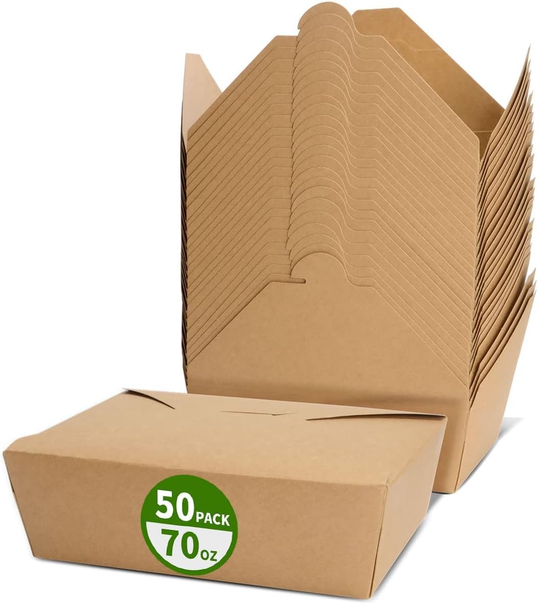 Logo Personalizado 50 Paquetes de Contenedores Grande para Comida para Llevar de 70 oz - Caja de Cartón Kraft Resistente a Grasas para Almuerzo - Marca Blanca de Fábrica para Restaurante, Hogar y Fiesta