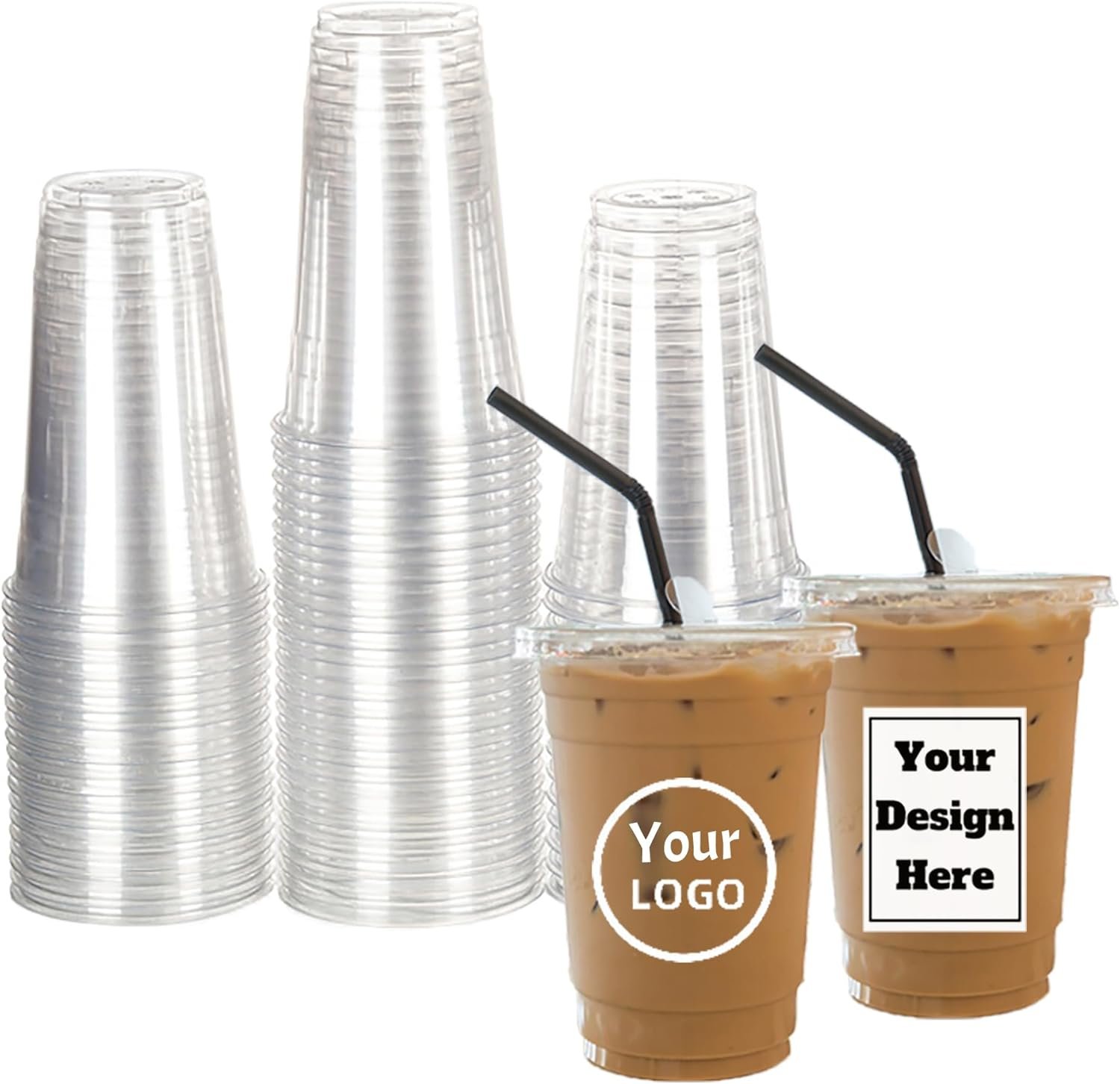 Tazas de plástico desechables claras personalizadas con logo, 100-300 pcs, taza de café personalizada para fiestas, bodas, milkshakes, bebidas frías, smoothies; tazas de café helado de plástico con tapa plana (12 oz) de proveedor.