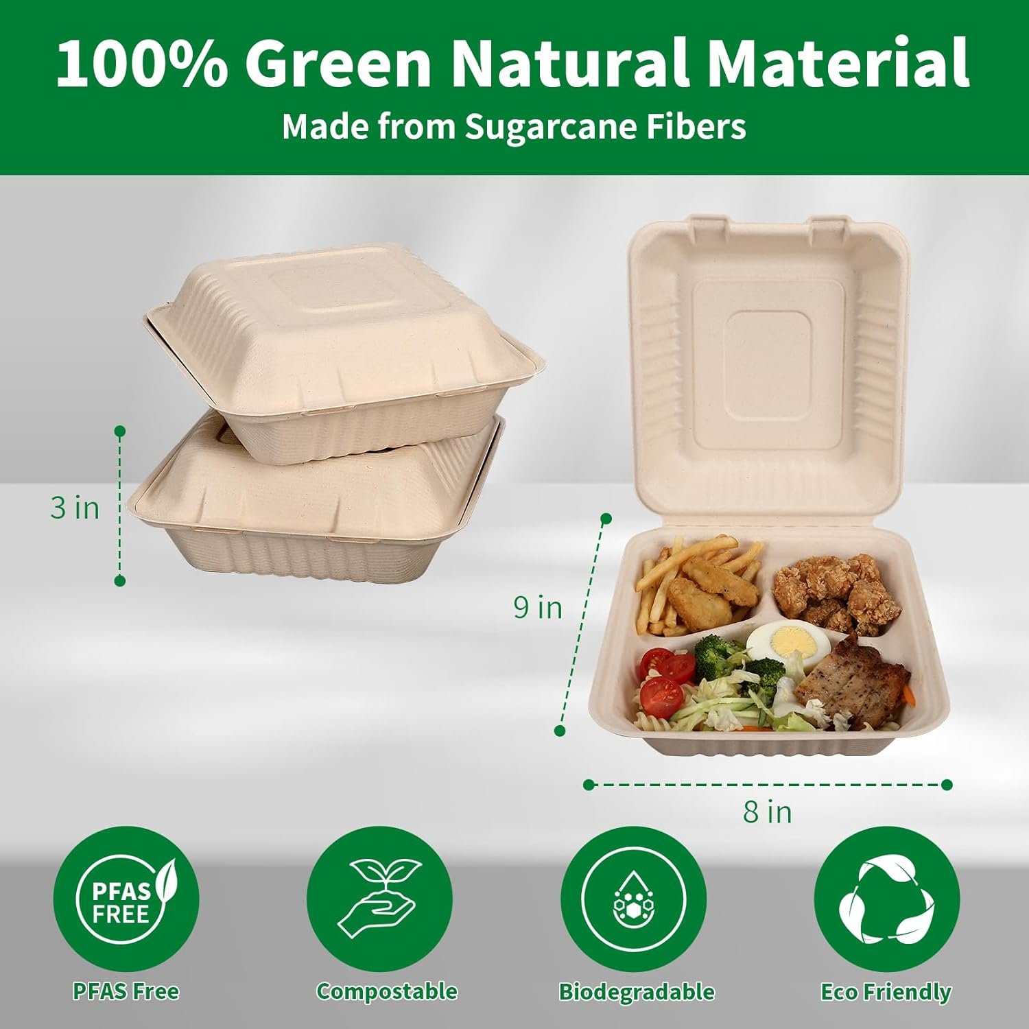 Logo Personalizado Cajas de Almuerzo Desechables Compostables de 3 Compartimentos 8x9 Pulgadas con Tapa para Llevar, Marca Blanca, Biodegradables de Bagazo, PFAS-Free, Proveedor Marrón
