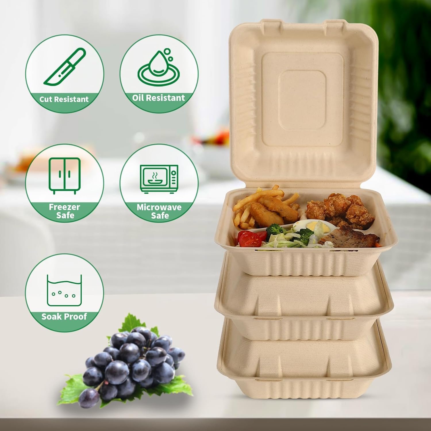 Logo Personalizado Cajas de Almuerzo Desechables Compostables de 3 Compartimentos 8x9 Pulgadas con Tapa para Llevar, Marca Blanca, Biodegradables de Bagazo, PFAS-Free, Proveedor Marrón