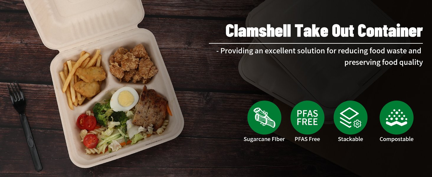 Logo Personalizado Cajas de Almuerzo Desechables Compostables de 3 Compartimentos 8x9 Pulgadas con Tapa para Llevar, Marca Blanca, Biodegradables de Bagazo, PFAS-Free, Proveedor Marrón