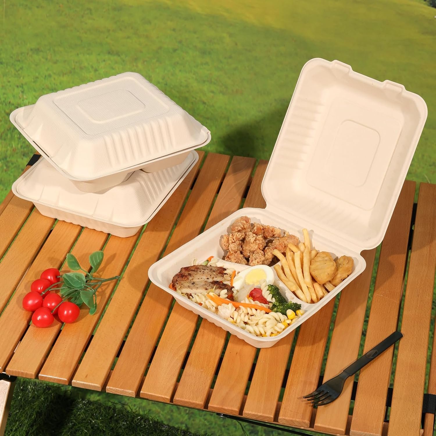 Logo Personalizado Cajas de Almuerzo Desechables Compostables de 3 Compartimentos 8x9 Pulgadas con Tapa para Llevar, Marca Blanca, Biodegradables de Bagazo, PFAS-Free, Proveedor Marrón