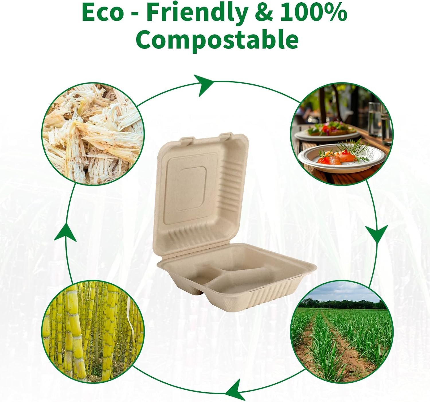 Logo Personalizado Cajas de Almuerzo Desechables Compostables de 3 Compartimentos 8x9 Pulgadas con Tapa para Llevar, Marca Blanca, Biodegradables de Bagazo, PFAS-Free, Proveedor Marrón