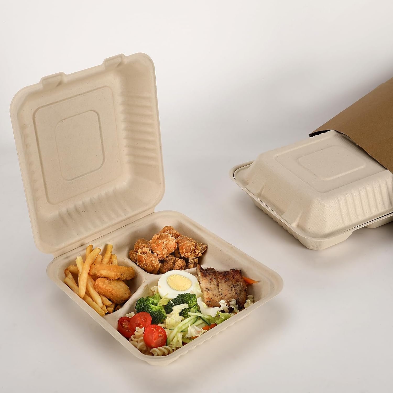 Logo Personalizado Cajas de Almuerzo Desechables Compostables de 3 Compartimentos 8x9 Pulgadas con Tapa para Llevar, Marca Blanca, Biodegradables de Bagazo, PFAS-Free, Proveedor Marrón