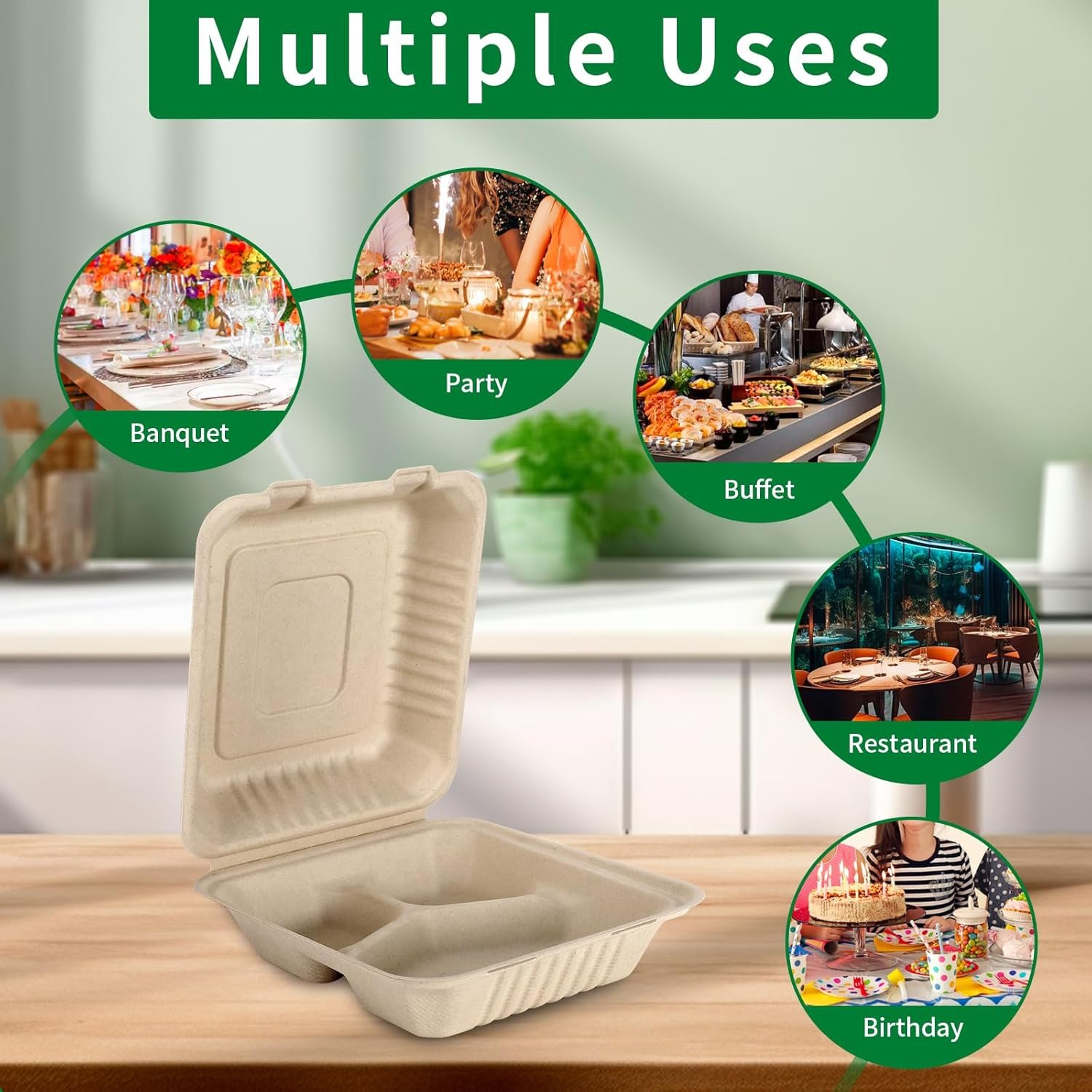 Logo Personalizado Cajas de Almuerzo Desechables Compostables de 3 Compartimentos 8x9 Pulgadas con Tapa para Llevar, Marca Blanca, Biodegradables de Bagazo, PFAS-Free, Proveedor Marrón