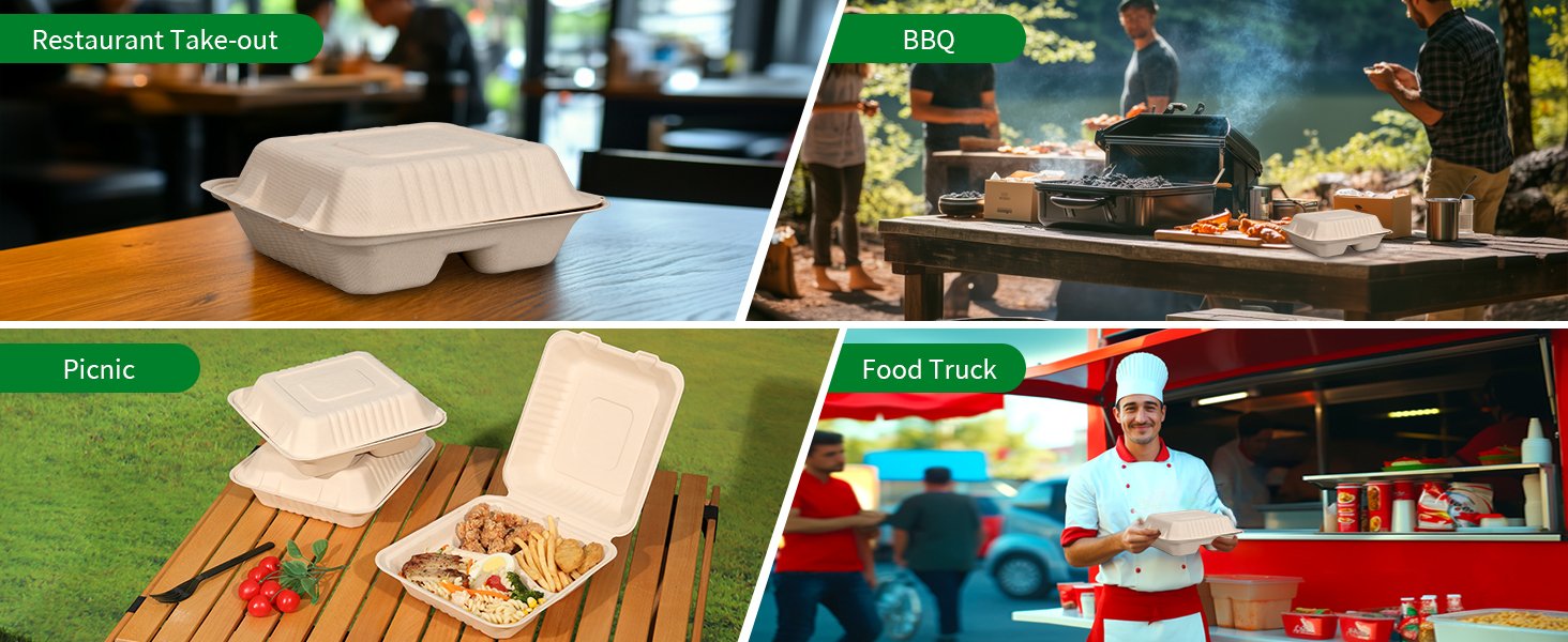 Logo Personalizado Cajas de Almuerzo Desechables Compostables de 3 Compartimentos 8x9 Pulgadas con Tapa para Llevar, Marca Blanca, Biodegradables de Bagazo, PFAS-Free, Proveedor Marrón