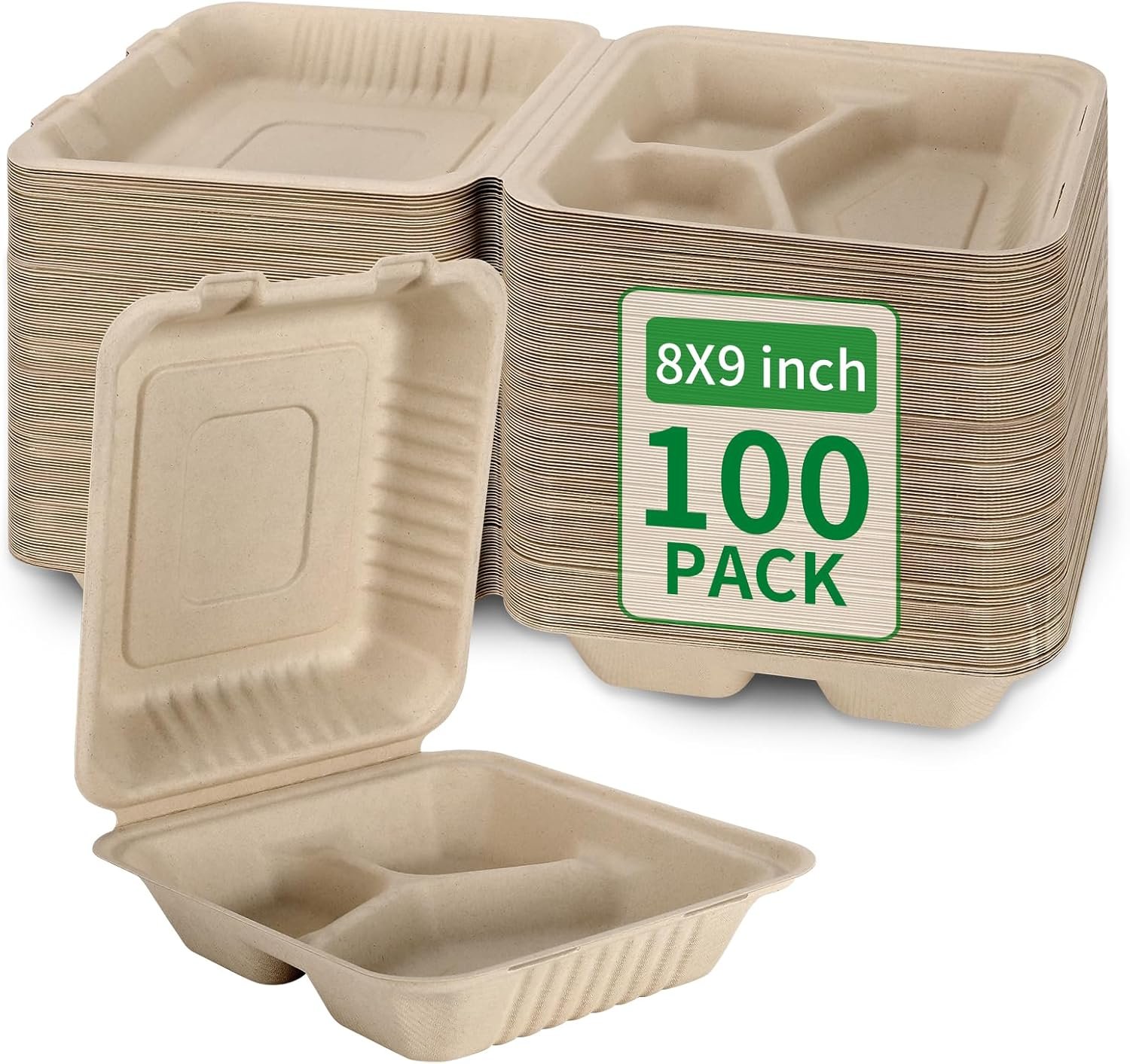 Logo Personalizado Cajas de Almuerzo Desechables Compostables de 3 Compartimentos 8x9 Pulgadas con Tapa para Llevar, Marca Blanca, Biodegradables de Bagazo, PFAS-Free, Proveedor Marrón