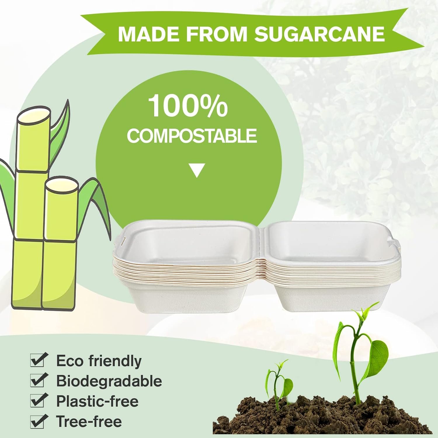 Logo Personalizado Contenedores de Comida desechables 100% compostables Clamshell 200 Pack, cajas para ensaladas, pasteles y sándwiches de 6 * 6 pulgadas, Proveedor de soluciones sostenibles. Logo Personalizado Contenedores de Comida desechables 100% compostables Clamshell 200 Pack, cajas para ensaladas, pasteles y sándwiches de 6 * 6 pulgadas, Proveedor de soluciones sostenibles.