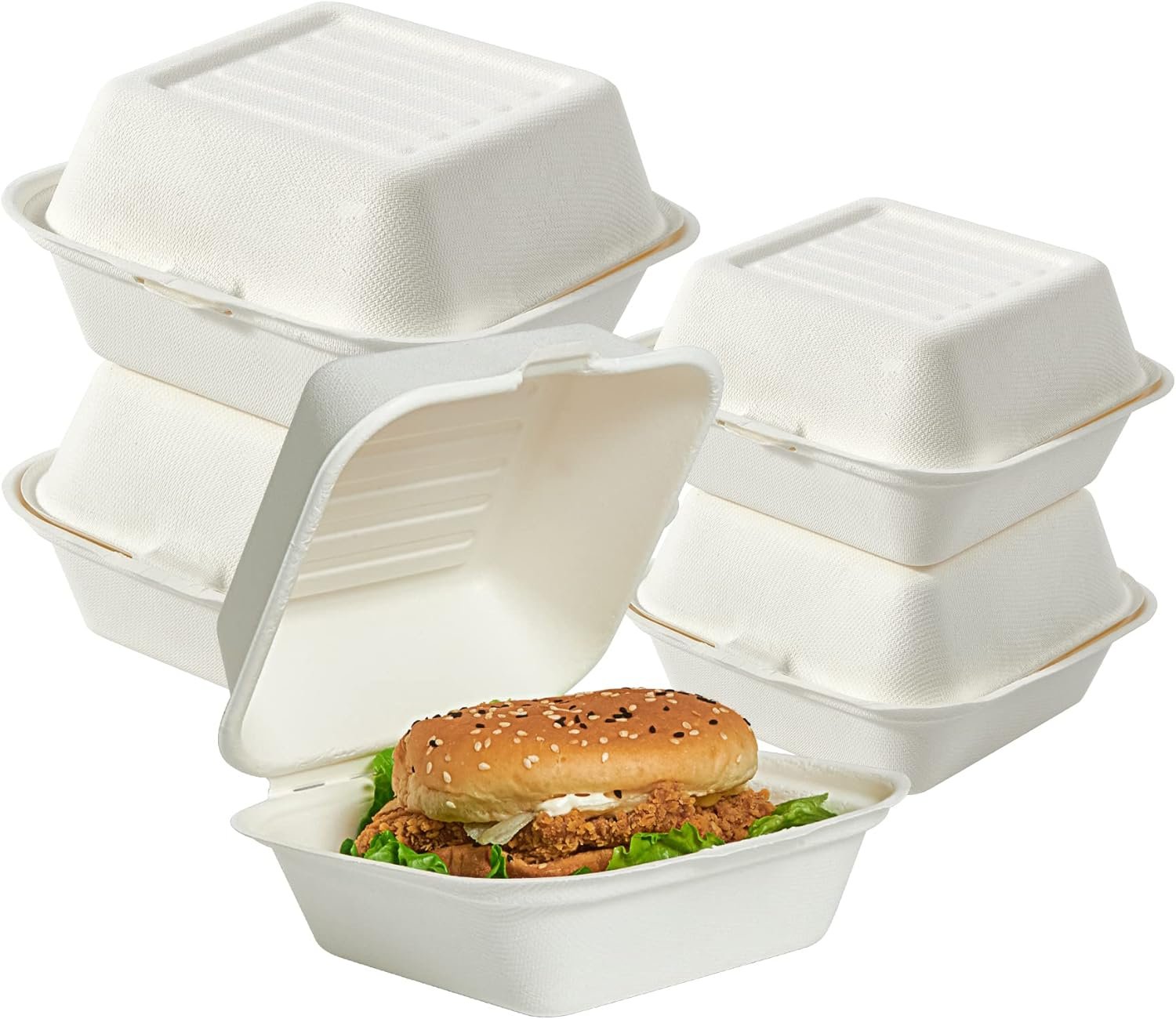 Logo Personalizado Contenedores de Comida desechables 100% compostables Clamshell 200 Pack, cajas para ensaladas, pasteles y sándwiches de 6 * 6 pulgadas, Proveedor de soluciones sostenibles.