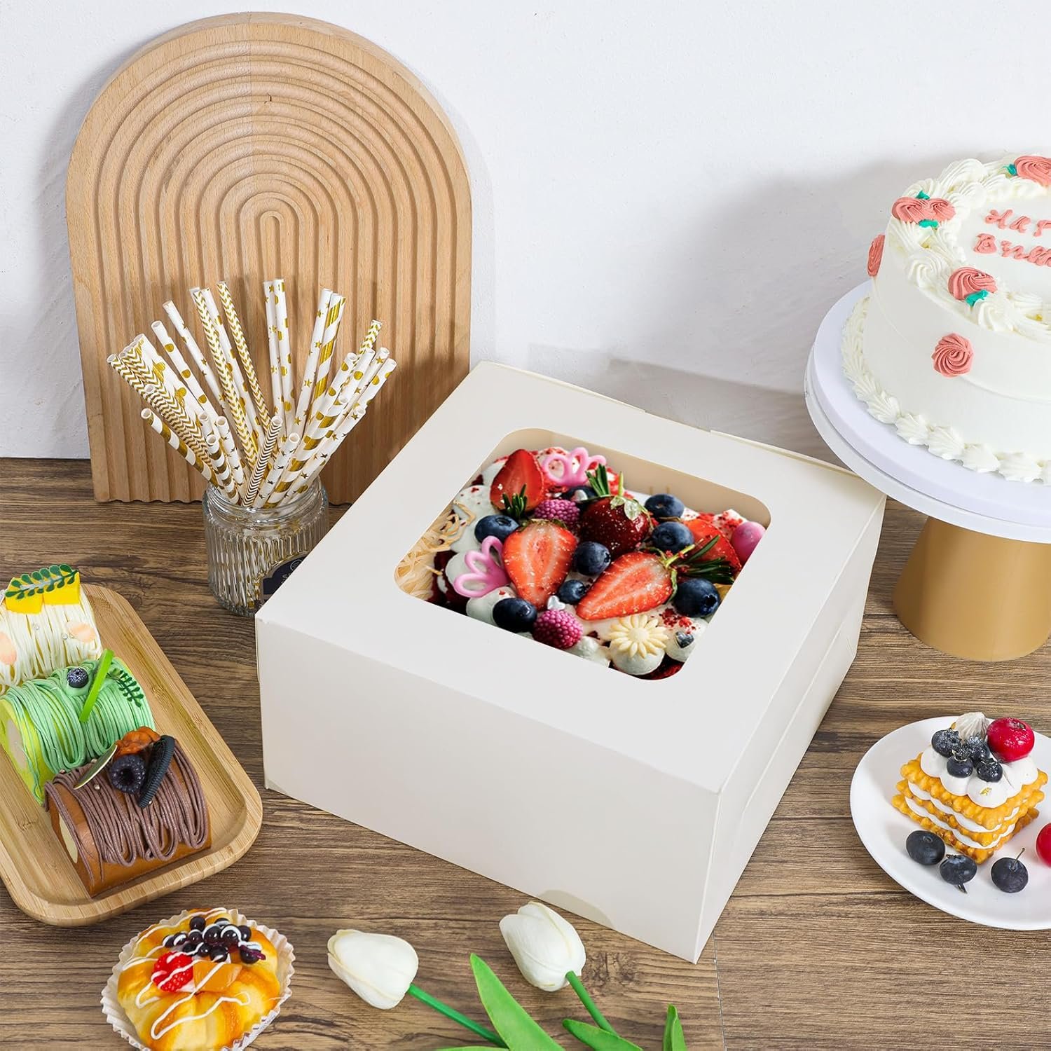 Cajas de pasteles 24 piezas con ventana, 10x10x5 pulgadas, personalizadas con logo, ideales para cumpleaños, bodas, pasteles, chocolates, galletas y pie, marca blanca de Fábrica.
