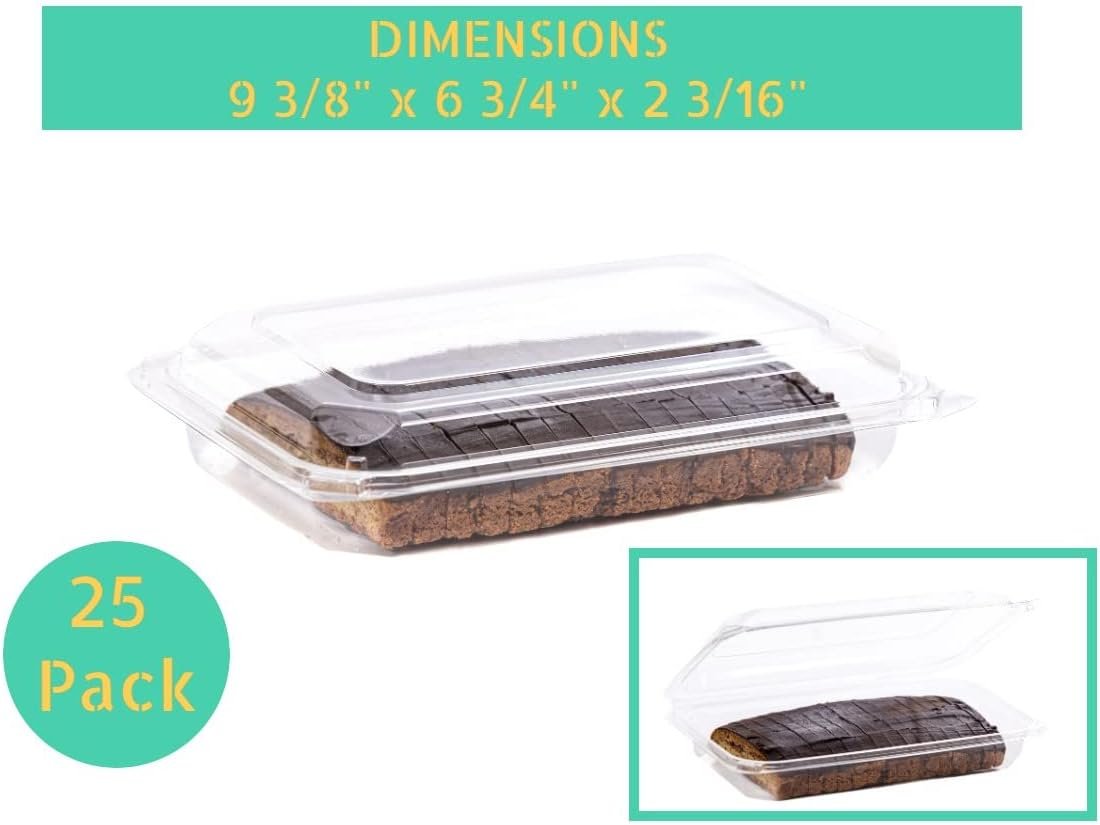 Contenedores desechables de plástico transparente con logo personalizado, paquete de 25 (9 3/8 x 6 3/4 x 2 3/16), resistentes y aptos para marca blanca de proveedor.