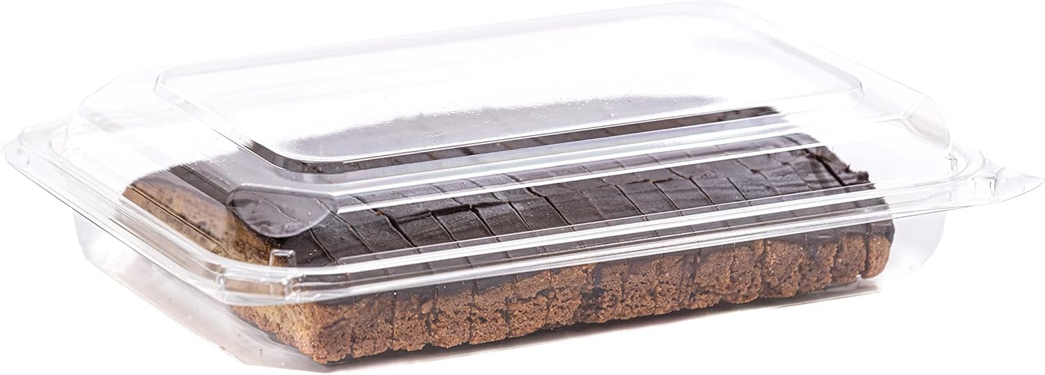 Contenedores desechables de plástico transparente con logo personalizado, paquete de 25 (9 3/8 x 6 3/4 x 2 3/16), resistentes y aptos para marca blanca de proveedor.