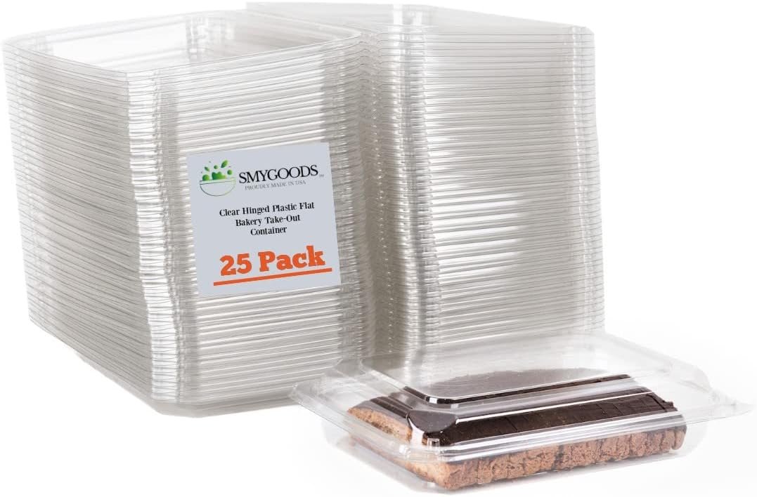 Contenedores desechables de plástico transparente con logo personalizado, paquete de 25 (9 3/8 x 6 3/4 x 2 3/16), resistentes y aptos para marca blanca de proveedor.