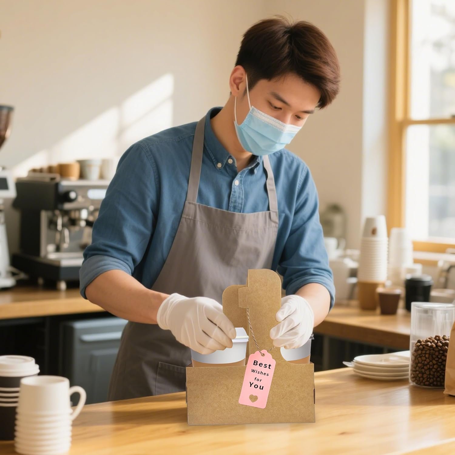 Logo Personalizado Porta Bebidas de 2 Tazas, 8 Pack Soporte para Tazas con Mango, Porta Tazas de Cartón para Bebidas Calientes o Frías, Carrier de Café con Cinta y Tarjeta, Marca Blanca para Servicios de Entrega de Alimentos y Ramo, Proveedor.