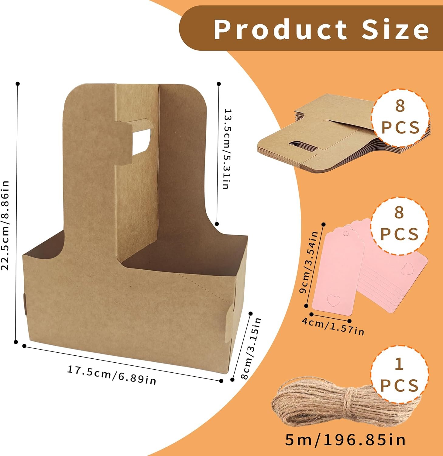 Logo Personalizado Porta Bebidas de 2 Tazas, 8 Pack Soporte para Tazas con Mango, Porta Tazas de Cartón para Bebidas Calientes o Frías, Carrier de Café con Cinta y Tarjeta, Marca Blanca para Servicios de Entrega de Alimentos y Ramo, Proveedor.