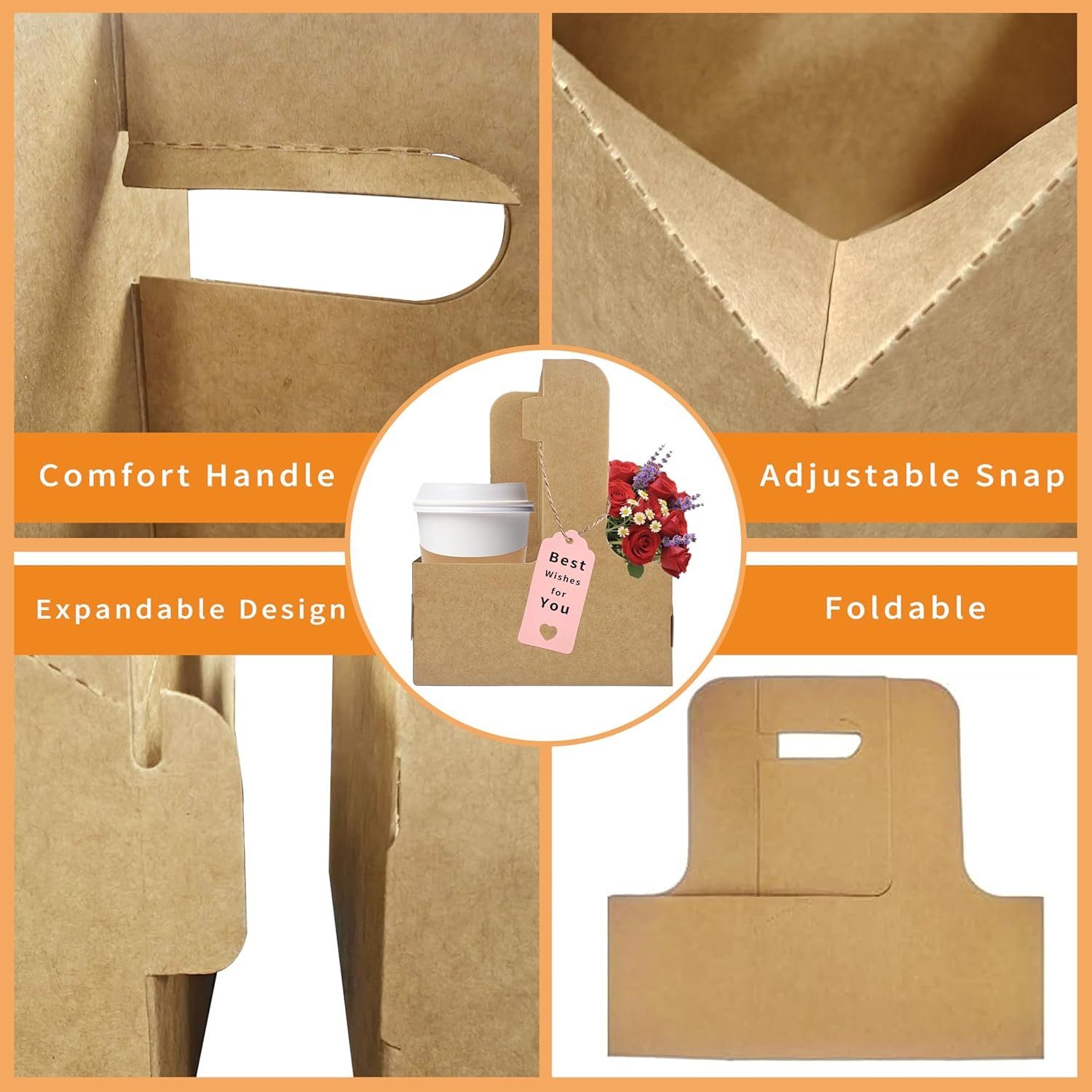 Logo Personalizado Porta Bebidas de 2 Tazas, 8 Pack Soporte para Tazas con Mango, Porta Tazas de Cartón para Bebidas Calientes o Frías, Carrier de Café con Cinta y Tarjeta, Marca Blanca para Servicios de Entrega de Alimentos y Ramo, Proveedor.