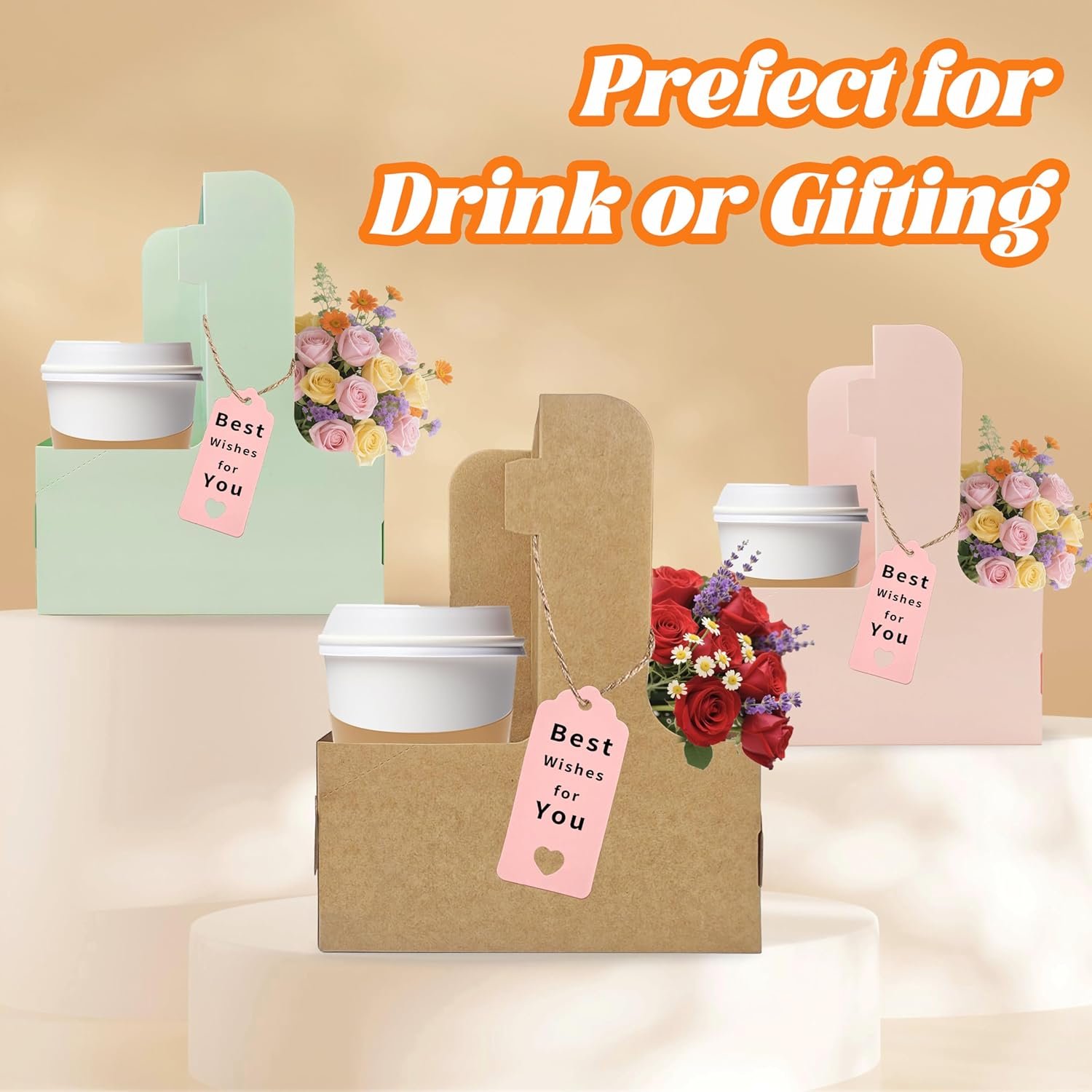 Logo Personalizado Porta Bebidas de 2 Tazas, 8 Pack Soporte para Tazas con Mango, Porta Tazas de Cartón para Bebidas Calientes o Frías, Carrier de Café con Cinta y Tarjeta, Marca Blanca para Servicios de Entrega de Alimentos y Ramo, Proveedor.
