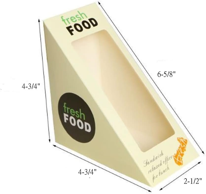 Caja de sándwiches de 100 piezas, biodegradable y con ventanilla para exhibición, ideal para servicio de comida para llevar en panaderías. Logo personalizado disponible con marca blanca. Proveedor de soluciones ecológicas.