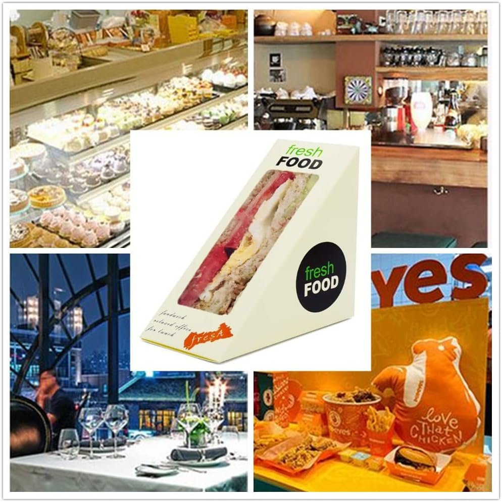 Caja de sándwiches de 100 piezas, biodegradable y con ventanilla para exhibición, ideal para servicio de comida para llevar en panaderías. Logo personalizado disponible con marca blanca. Proveedor de soluciones ecológicas.