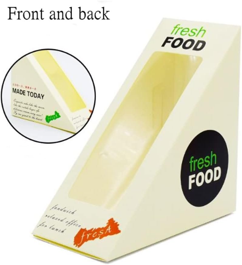 Caja de sándwiches de 100 piezas, biodegradable y con ventanilla para exhibición, ideal para servicio de comida para llevar en panaderías. Logo personalizado disponible con marca blanca. Proveedor de soluciones ecológicas.