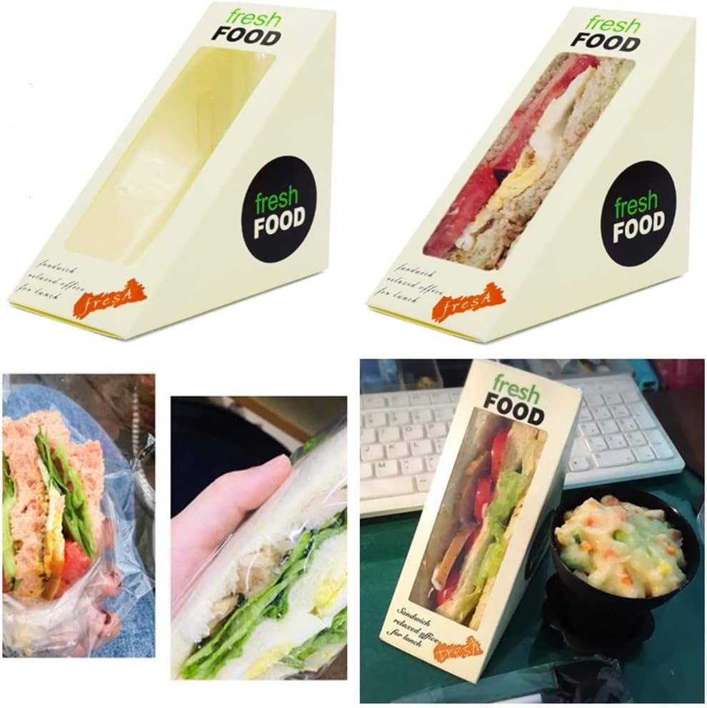 Caja de sándwiches de 100 piezas, biodegradable y con ventanilla para exhibición, ideal para servicio de comida para llevar en panaderías. Logo personalizado disponible con marca blanca. Proveedor de soluciones ecológicas.