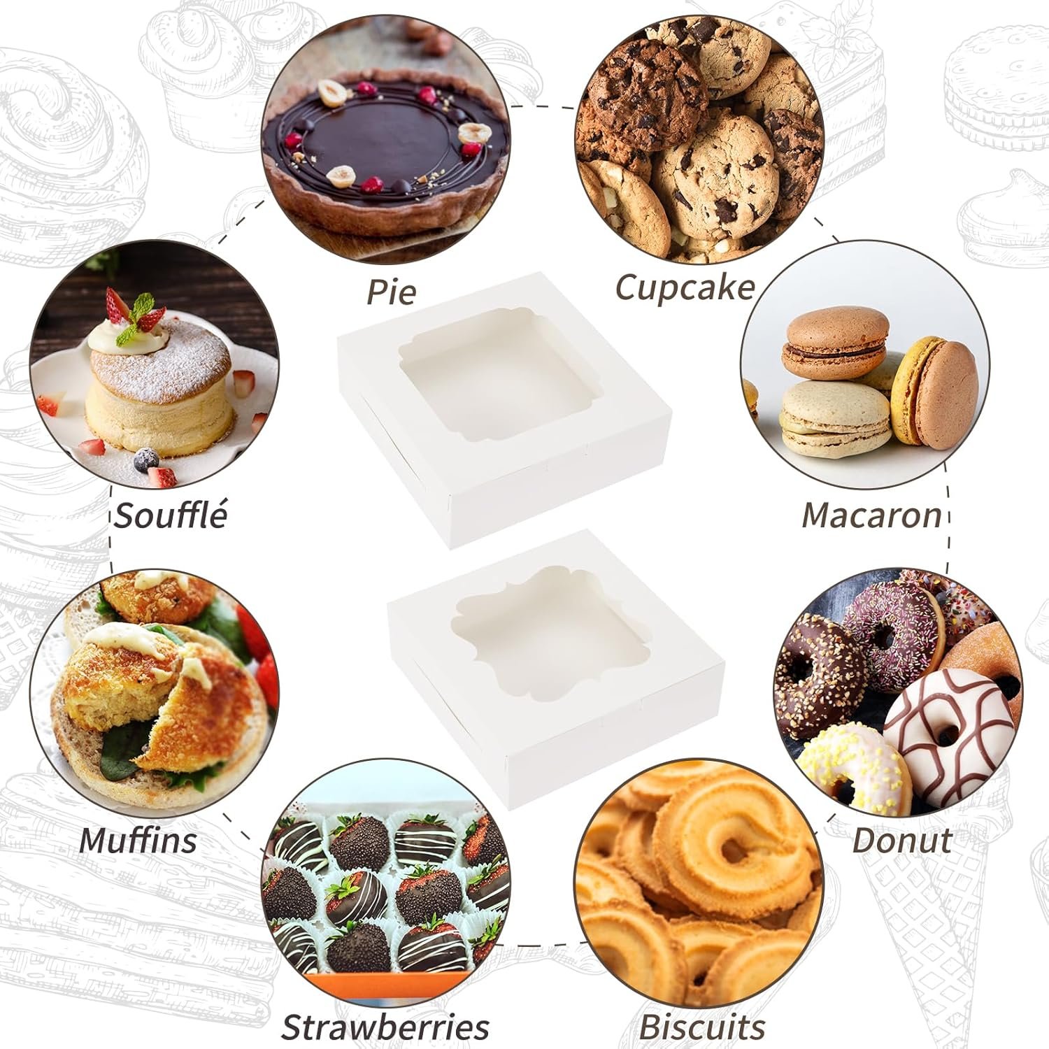 Caja de galletas 60pcs con logo personalizado, 8x8x2.5 pulgadas, cajas de pastelería con ventanas en 2 estilos para chocolate, fresas, tartas, pasteles y postres, proveedor de soluciones de embalaje. Caja de galletas 60pcs con logo personalizado, 8x8x2.5 pulgadas, cajas de pastelería con ventanas en 2 estilos para chocolate, fresas, tartas, pasteles y postres, proveedor de soluciones de embalaje.