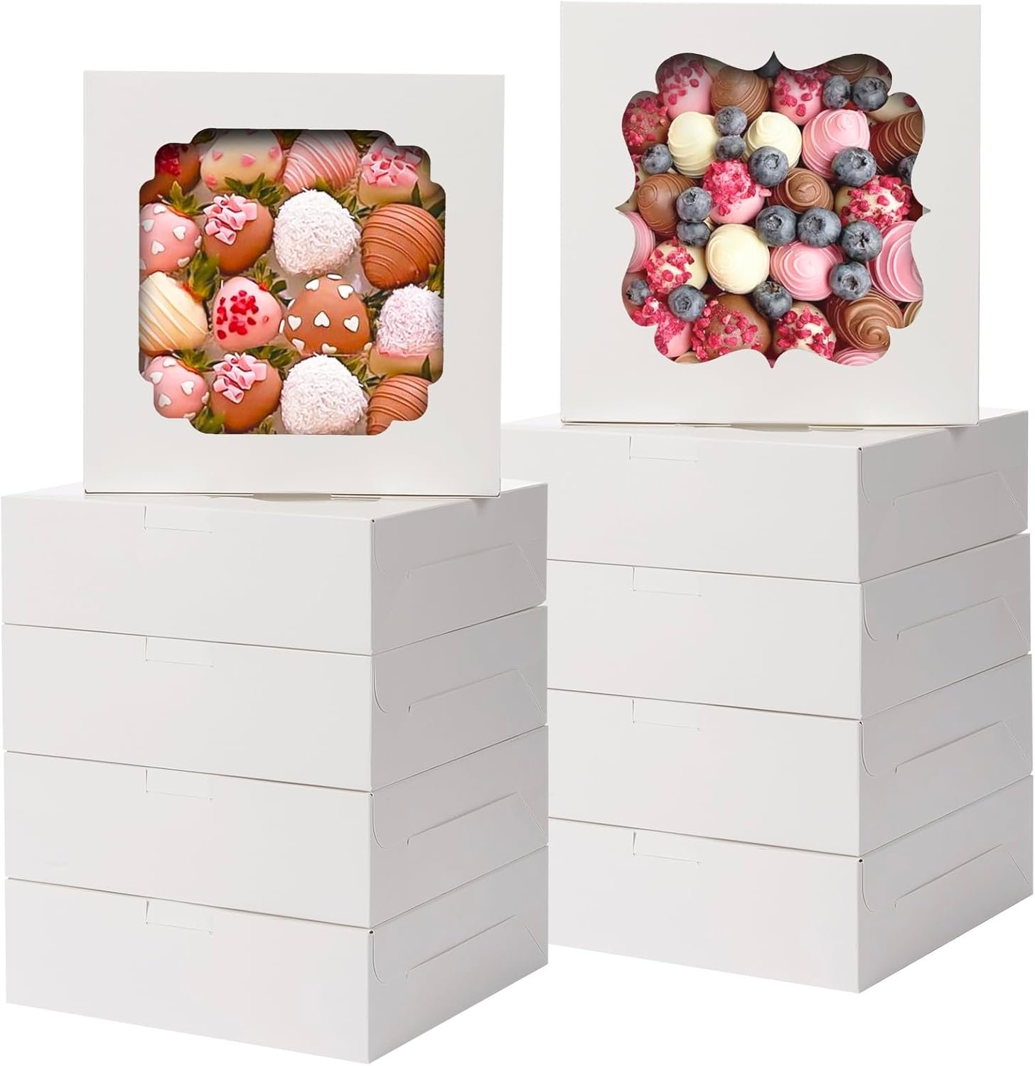 Caja de galletas 60pcs con logo personalizado, 8x8x2.5 pulgadas, cajas de pastelería con ventanas en 2 estilos para chocolate, fresas, tartas, pasteles y postres, proveedor de soluciones de embalaje.
