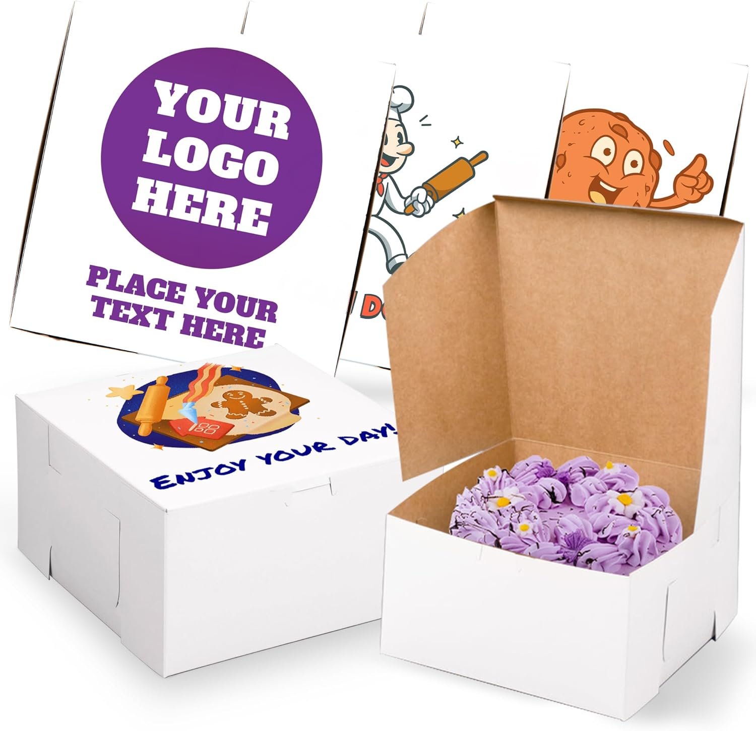 Caja de Panadería con Logo Personalizado - Cajas Blancas Personalizables para Pasteles, Galletas y Tartas de 9" x 9" x 5" - Fabricante de Marca Blanca