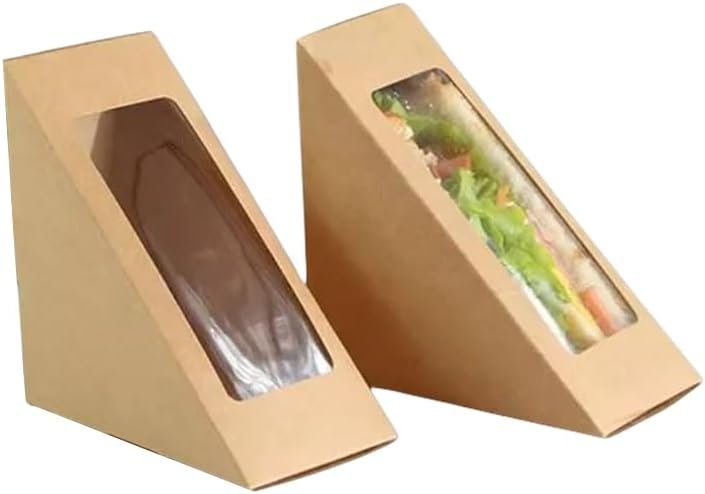 Cajas de papel kraft para sándwich con ventana, caja cuña individual para charcutería y sushi, ideal para servicio de comida para llevar, Logo Personalizado, contenedor para porciones de pastel, Proveedor de soluciones para panaderías (Marrón-L)