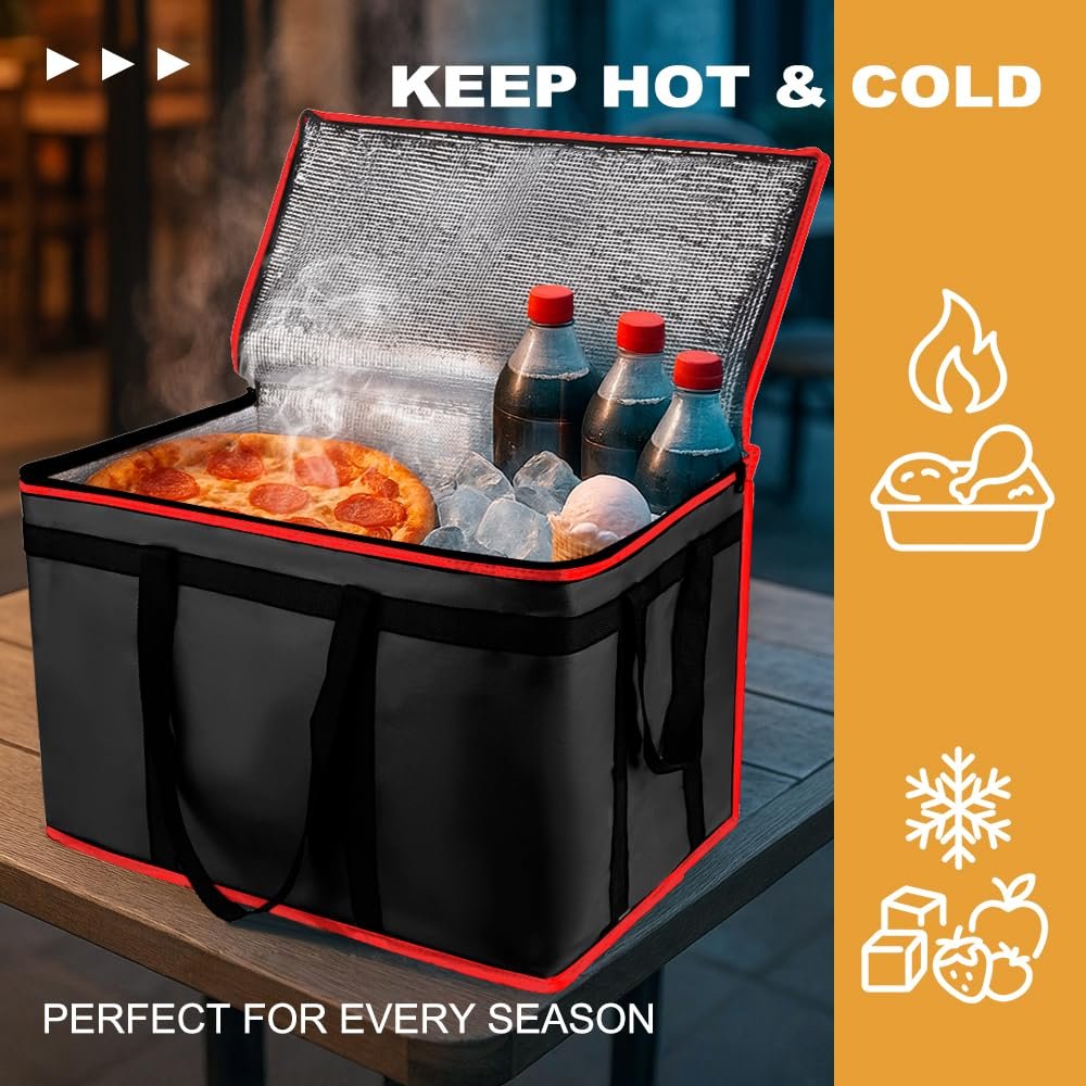 Logo Personalizado Bolsa Térmica de Entrega de Alimentos Reutilizable, Ideal para Catering y Eventos, Con Capacidad Grande para Mantener la Comida Caliente o Fría, Marca Blanca para Empresas, Proveedor de Soluciones Efectivas (Negra con Ribete Rojo, 1PK)