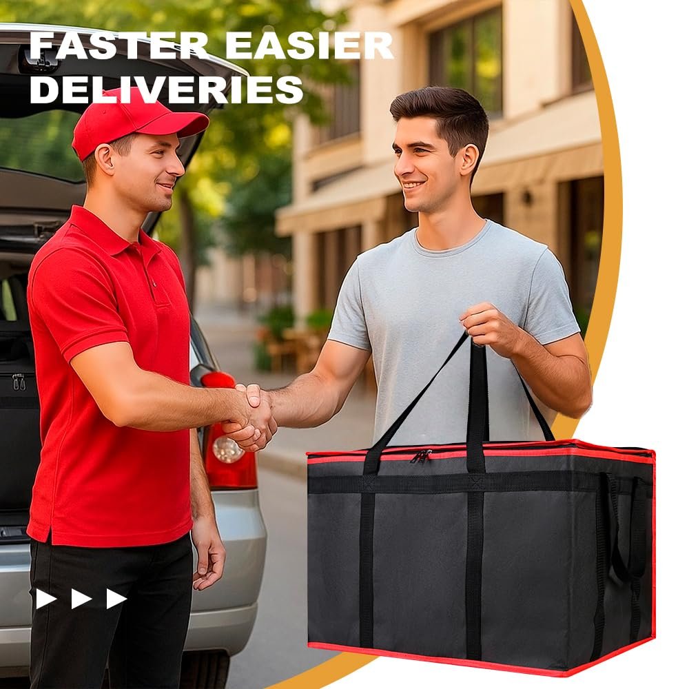 Logo Personalizado Bolsa Térmica de Entrega de Alimentos Reutilizable, Ideal para Catering y Eventos, Con Capacidad Grande para Mantener la Comida Caliente o Fría, Marca Blanca para Empresas, Proveedor de Soluciones Efectivas (Negra con Ribete Rojo, 1PK)