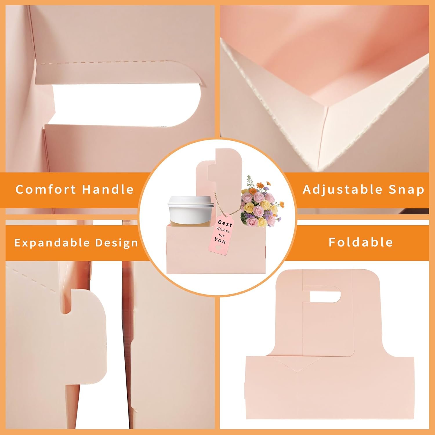 Logo Personalizado Soporte para Bebidas de 2 Tazas, 8 Pack Porta Tazas de Café con Asa, Porta Tazas de Cartón para Bebidas Calientes o Frías, Carrier de Café con Cinta y Tarjeta para Servicios de Entrega de Comida y Bouquet (Rosa) Proveedor