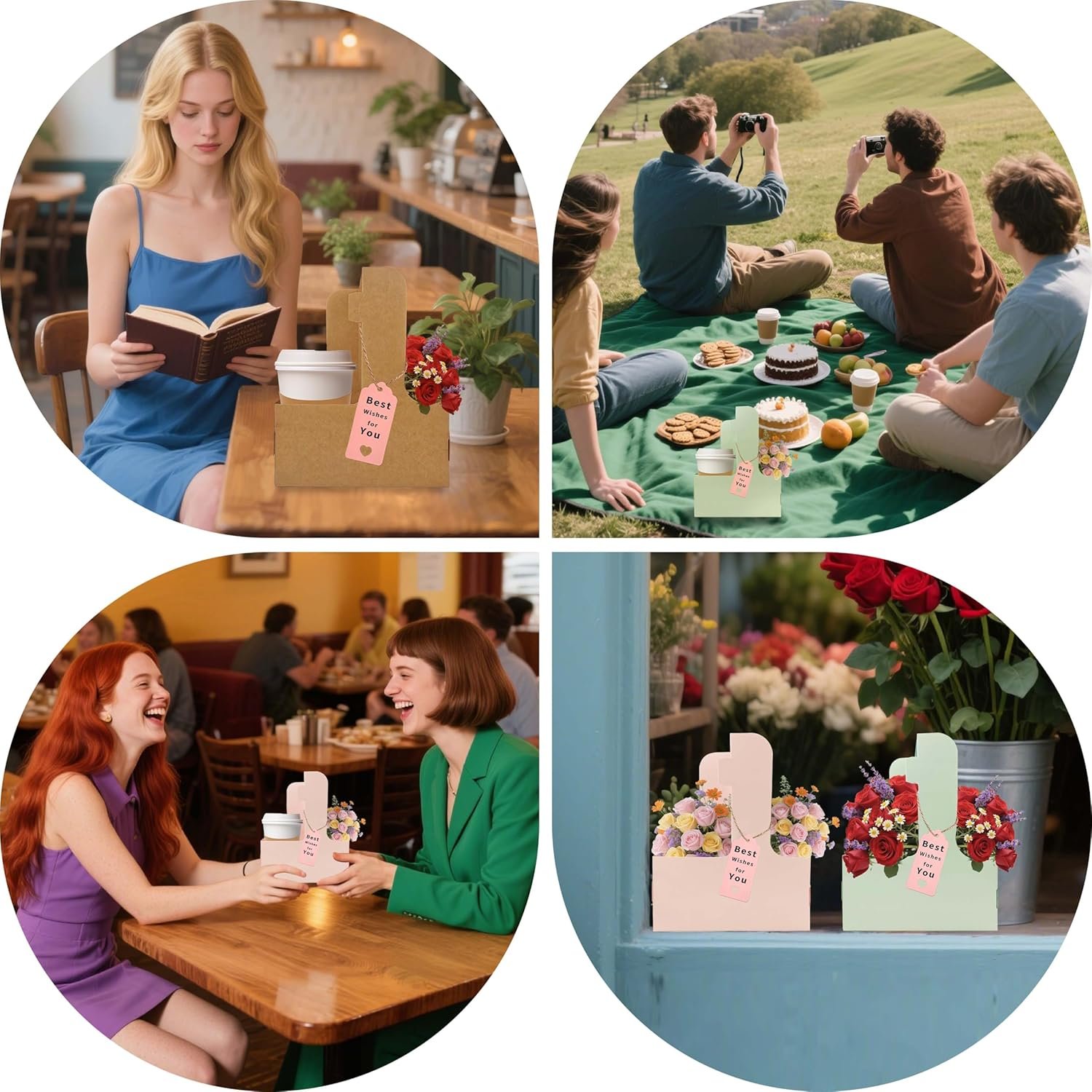 Logo Personalizado Soporte para Bebidas de 2 Tazas, 8 Pack Porta Tazas de Café con Asa, Porta Tazas de Cartón para Bebidas Calientes o Frías, Carrier de Café con Cinta y Tarjeta para Servicios de Entrega de Comida y Bouquet (Rosa) Proveedor