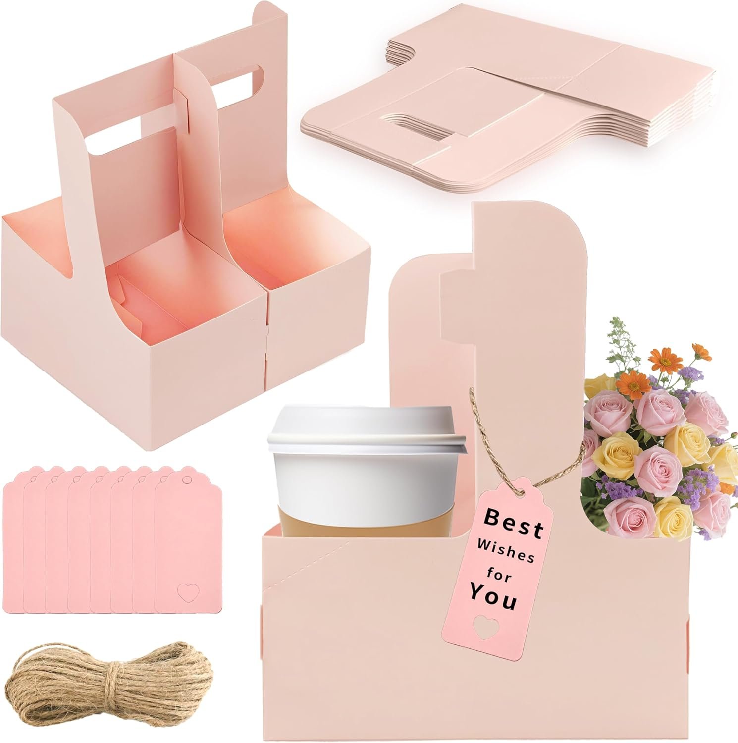 Logo Personalizado Soporte para Bebidas de 2 Tazas, 8 Pack Porta Tazas de Café con Asa, Porta Tazas de Cartón para Bebidas Calientes o Frías, Carrier de Café con Cinta y Tarjeta para Servicios de Entrega de Comida y Bouquet (Rosa) Proveedor